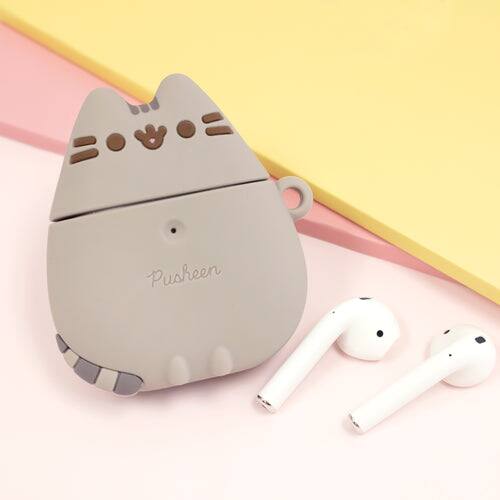 Angle. iFace - Pusheen The Cat Cute Compatible with Apple AirPods 1 and 2 Generation - Silicone Figure Protective Case With Carabiner - Pusheen - Standing (Multicolor).