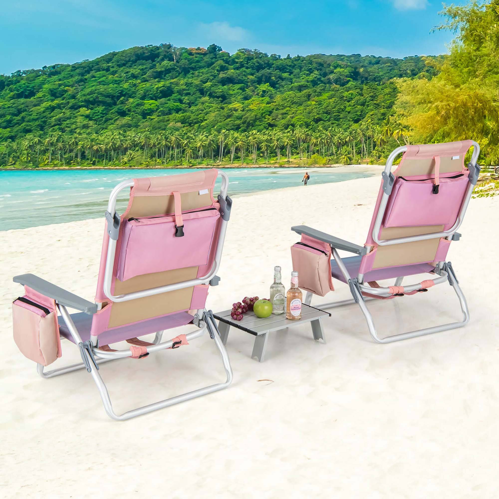 Alt View 3. Costway - Costway 2-Pack Folding Backpack Beach Chair Table Set 5-Position Outdoor Reclining Chair - Pink.