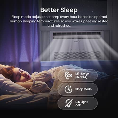Better Sleep  
Sleep mode adjusts the temp every hour based on optimal human sleeping temperatures so you wake up feeling rested and refreshed.  

TOSAT  
Min Noise 2x 55 dB(A)  
Sleep Mode  
LED Light OFF