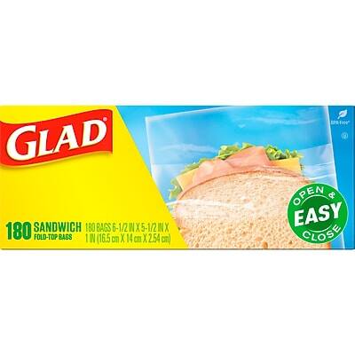 GLAD  
180 SANDWICH BAGS  
100 BAGS 6-1/2 IN X 5-1/2 IN X 1 IN (16.5 cm X 14 cm X 2.54 cm)  
FOLD-TOP BAGS  
OPEN & EASY CLOSE