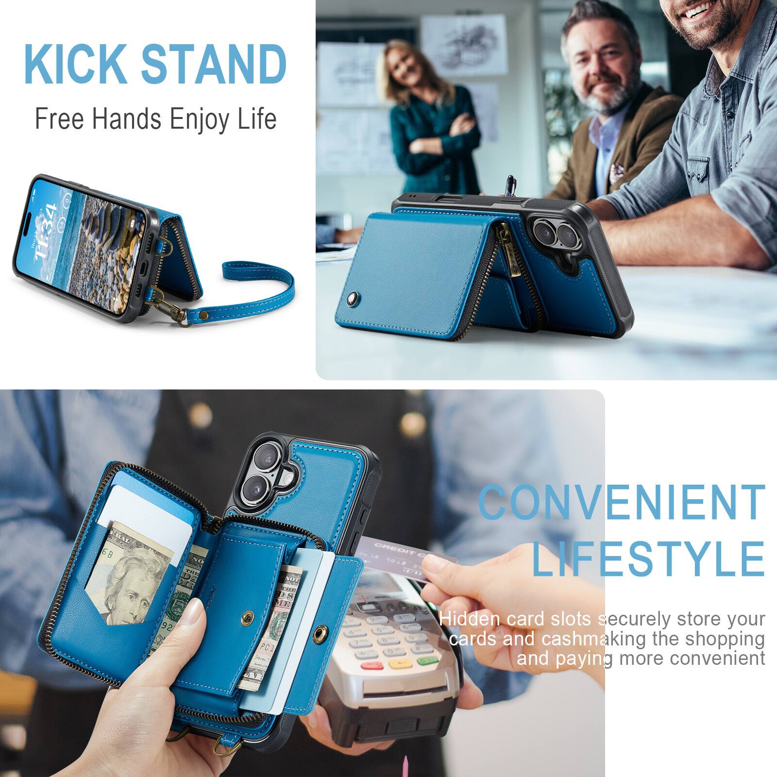 KICK STAND  
Free Hands Enjoy Life  

CONVENIENT LIFESTYLE  
Hidden card slots securely store your cards and cash, making the shopping and paying more convenient