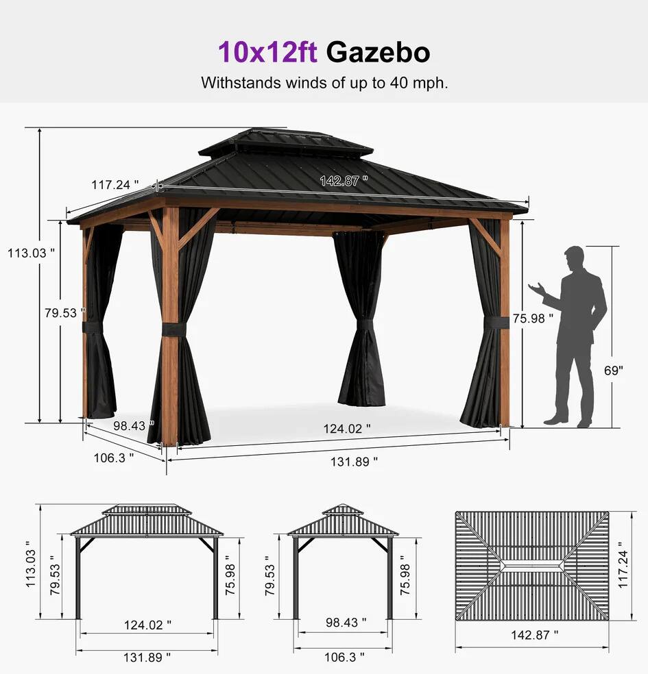 10x12ft Gazebo Withstands winds of up to 40 mph.

- 117.24"
- 142.87"
- 113.03"
- 79.53"
- 75.98"
- 69"
- 98.43"
- 124.02"
- 106.3"
- 131.89"
- 113.03"
- 79.53"
- 124.02"
- 75.98"
- 79.53"
- 98.43"
- 75.98"
- 142.87"
- 117.24"
- 131.89"
- 106.3"
