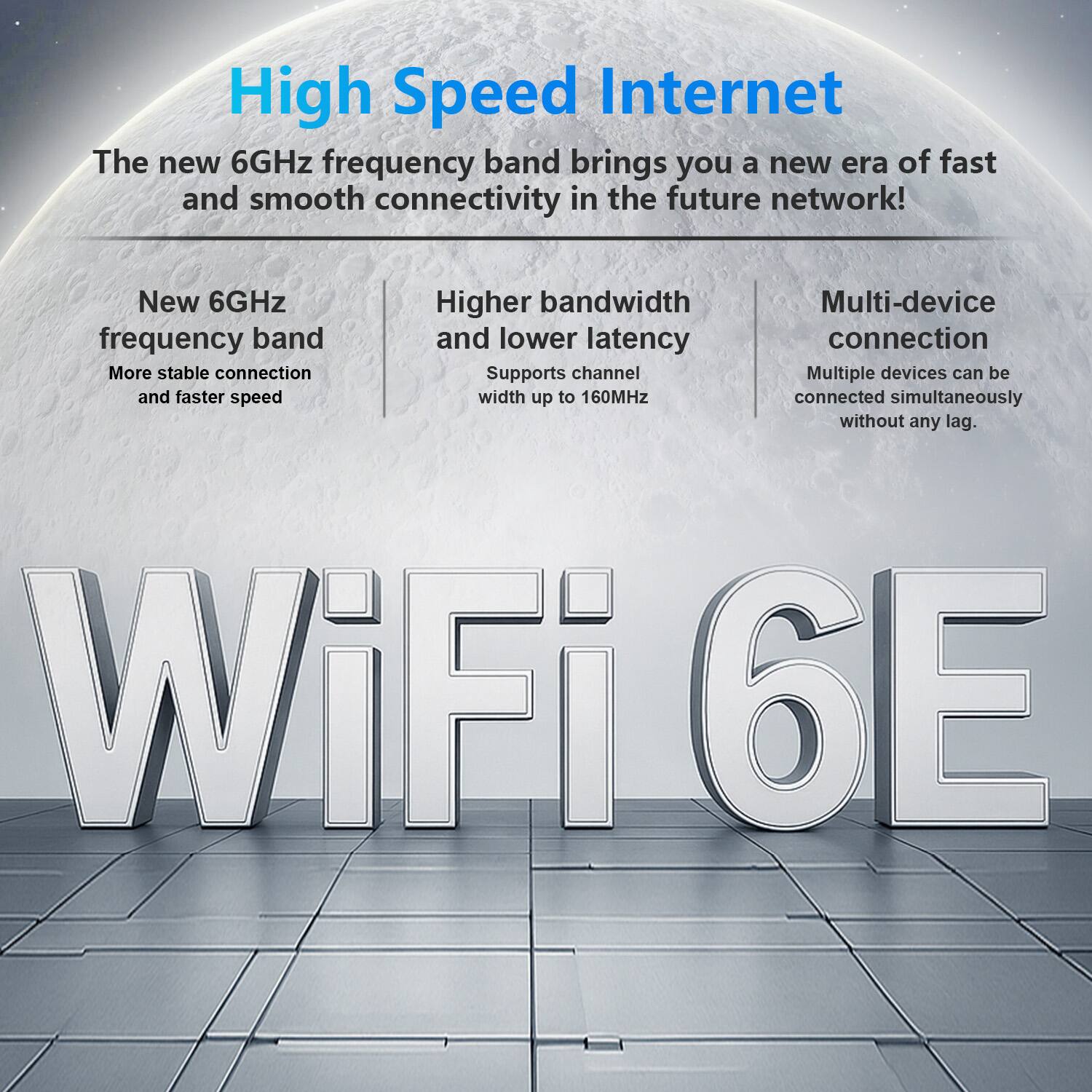 High Speed Internet

The new 6GHz frequency band brings you a new era of fast and smooth connectivity in the future network!

- New 6GHz frequency band
  - More stable connection and faster speed

- Higher bandwidth and lower latency
  - Supports channel width up to 160MHz

- Multi-device connection
  - Multiple devices can be connected simultaneously without any lag.

WiFi 6E