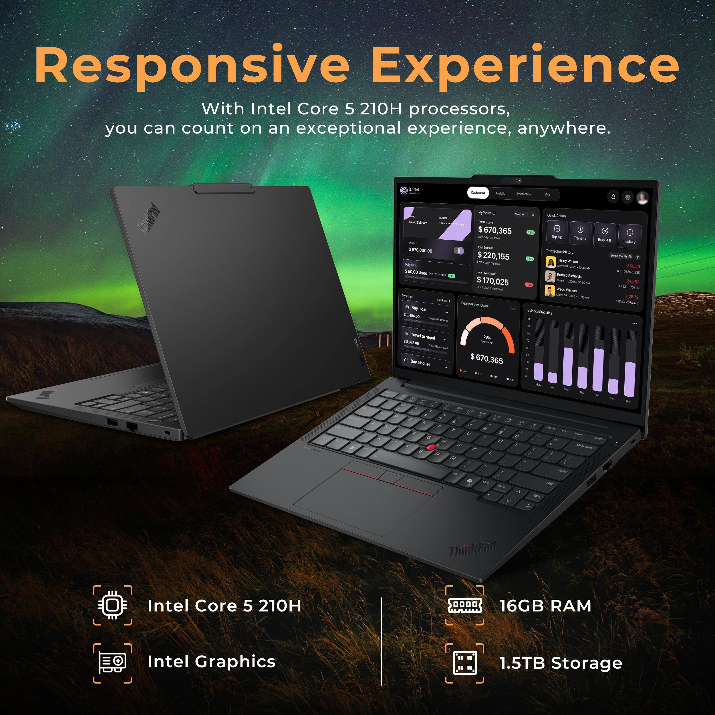 Responsive Experience

With Intel Core 5 210H processors, you can count on an exceptional experience, anywhere.

Intel Core 5 210H  
Intel Graphics  
16GB RAM  
1.5TB Storage