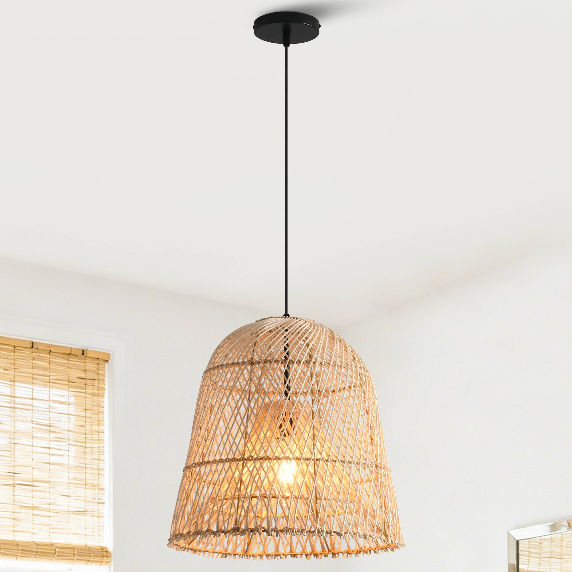 Back. Parrot Uncle - 1-Light Coastal Retro Brown Rattan Hand-Woven Cloche Hanging Basket Pendant Light - Brown.