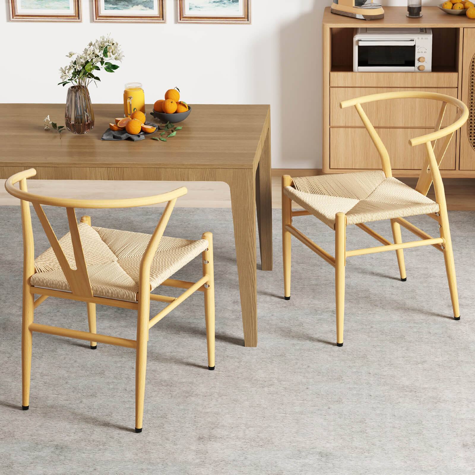 Alt View 3. Costway - Costway Modern Dining Chair Set of 2 Weave Kitchen Armchairs with Y-Shaped Curved Backrest - Natural.