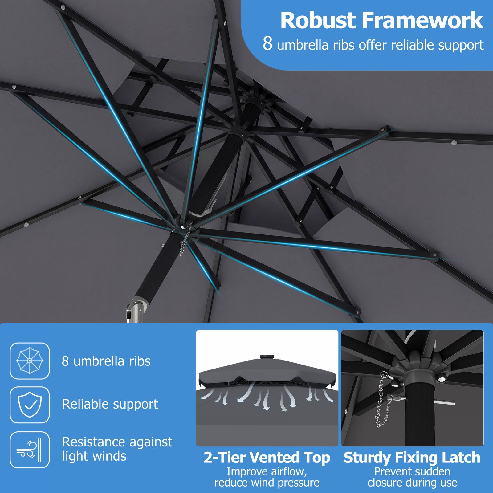 Robust Framework  
8 umbrella ribs offer reliable support

- 8 umbrella ribs
- Reliable support
- Resistance against light winds

2-Tier Vented Top  
Improve airflow, reduce wind pressure

Sturdy Fixing Latch  
Prevent sudden closure during use