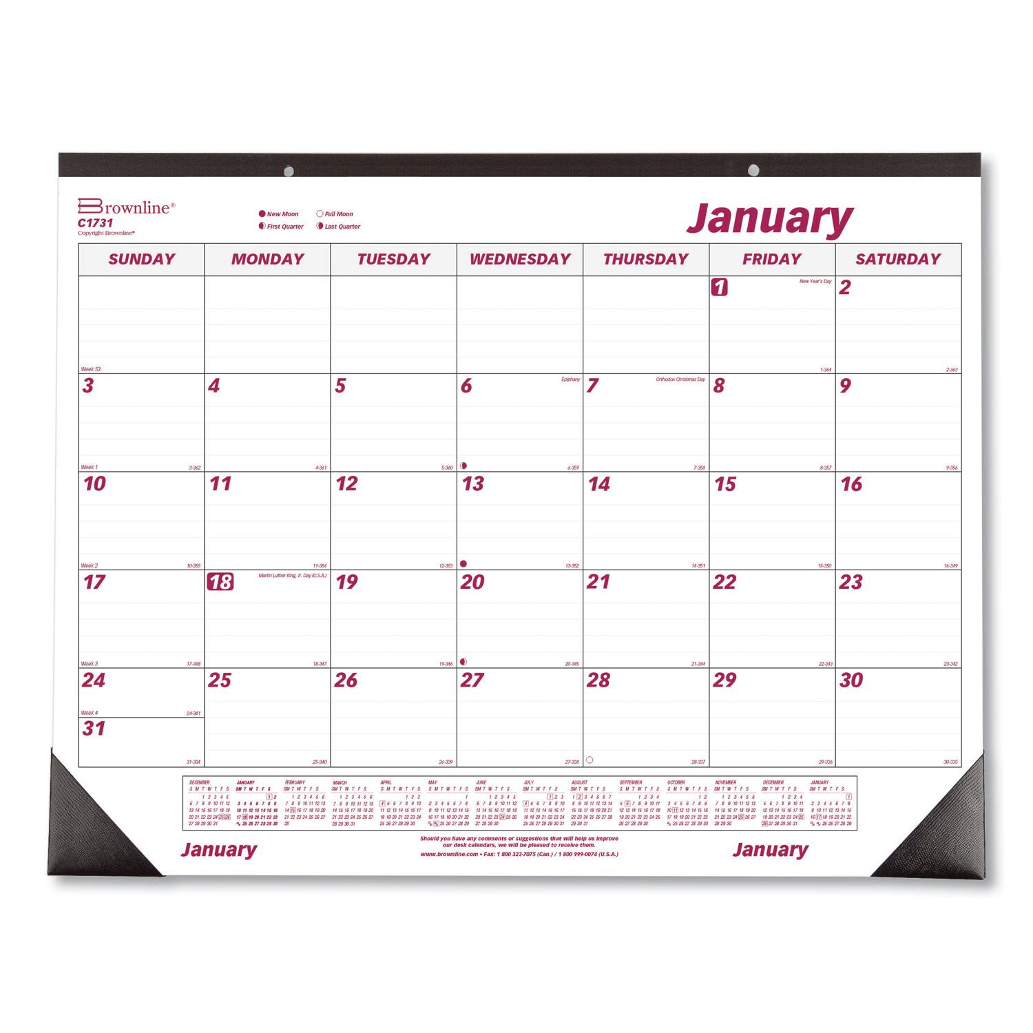 Brownline - Monthly Desk Pad Calendar 22 x 17 White Burgundy Sheets Black Binding Black Corners 12 Month Jan to Dec 2026