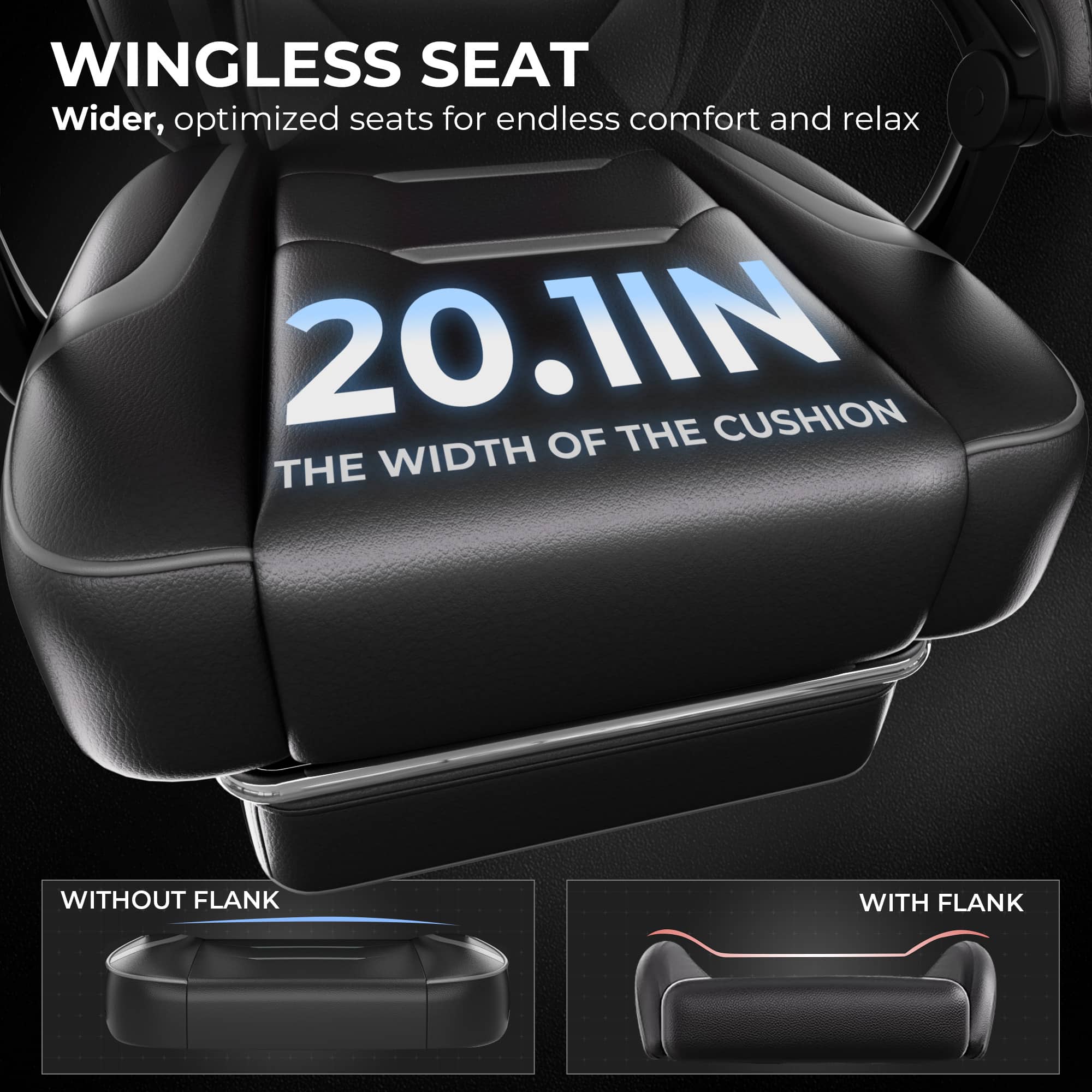 WINGLESS SEAT Wider, optimized seats for endless comfort and relaxation. 20.1 INCHES OF THE CUSHION. THE WIDTH WITHOUT FLANK WITH FLANK.