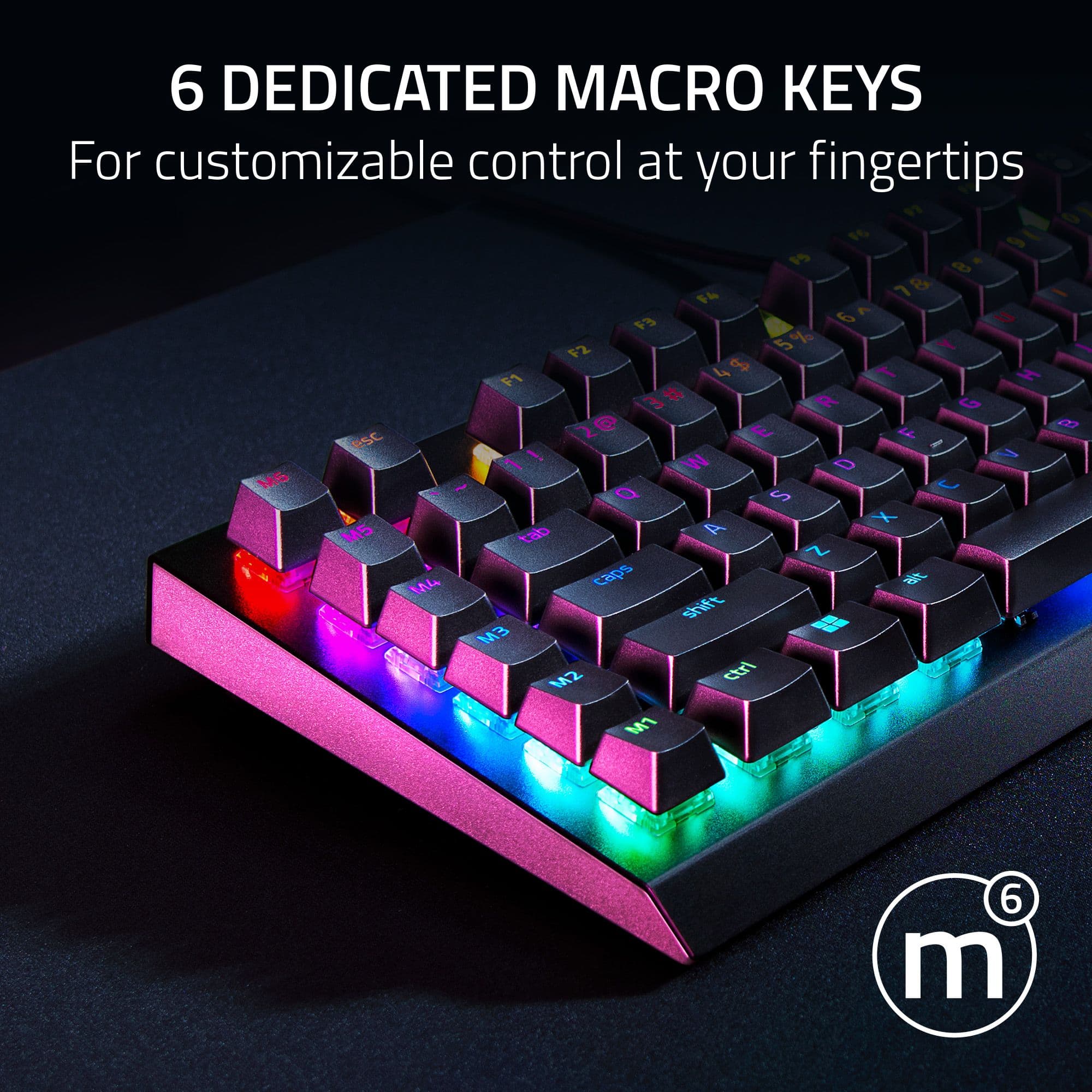 6 DEDICATED MACRO KEYS For customizable control at your fingertips:
1. 1G - I e 7 & - 14
2. 6f - F1
3. 3 # R G 2@ E
4. esc I ! W - - 0
5. M6 C Q S A X MS tab
6. N M4 caps # shift
7. M2 ctrl M1 6 m