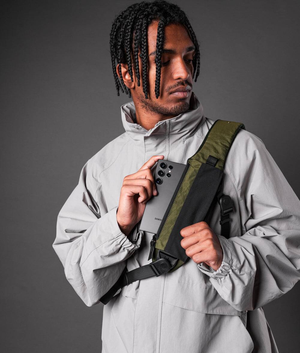 Back. ALPAKA - Metro Crossbody Left Shoulder Sling Bag Men,Sling Backpack - Fits 11" Tablet - Single Shoulder - Olive Green X-Pac X42.