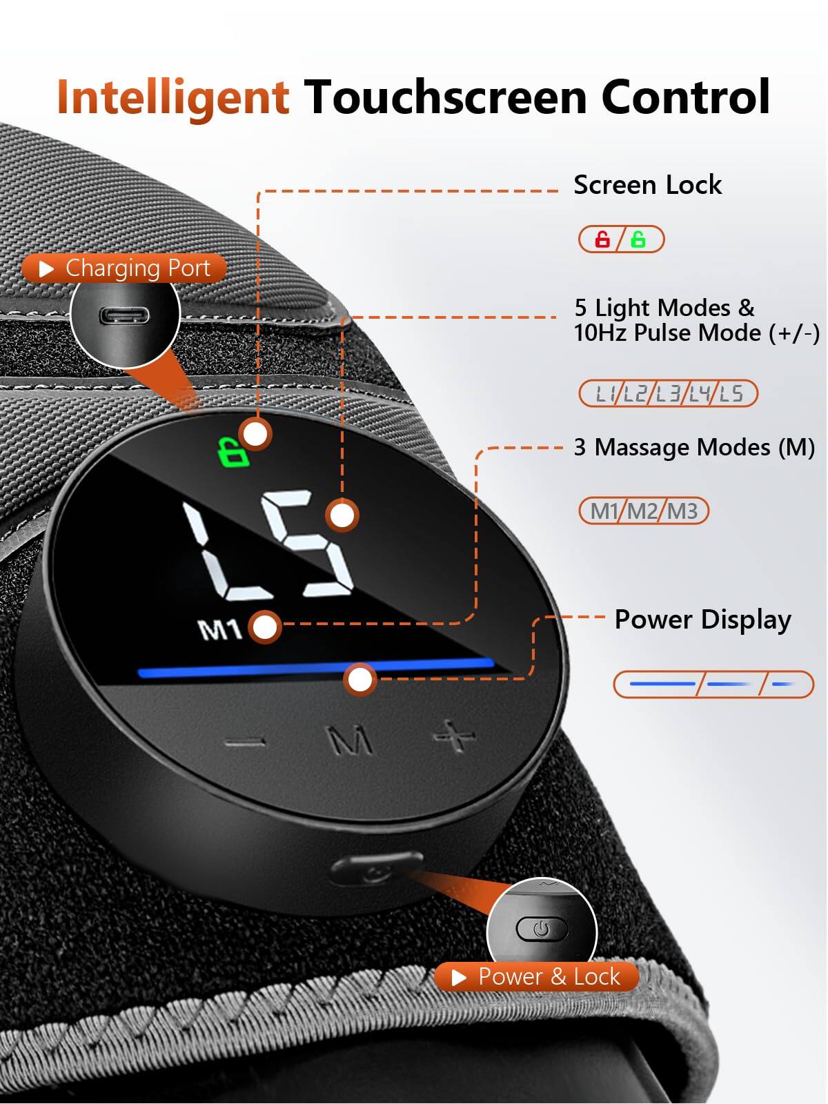 Intelligent Touchscreen Control

- Charging Port
- Screen Lock
- 5 Light Modes & 10Hz Pulse Mode (+/-)
- 3 Massage Modes (M)
- Power Display
- Power & Lock