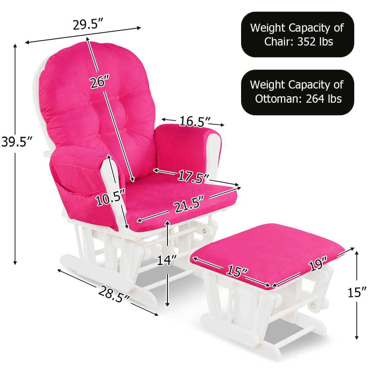 - Weight Capacity of Chair: 352 lbs
- Weight Capacity of Ottoman: 264 lbs

Dimensions:
- Chair: 29.5" (height), 26" (back height), 39.5" (overall height), 16.5" (seat width), 17.5" (seat depth), 10.5" (armrest height), 21.5" (armrest width), 14" (legroom height)
- Ottoman: 15" (height), 19" (width), 15" (depth)