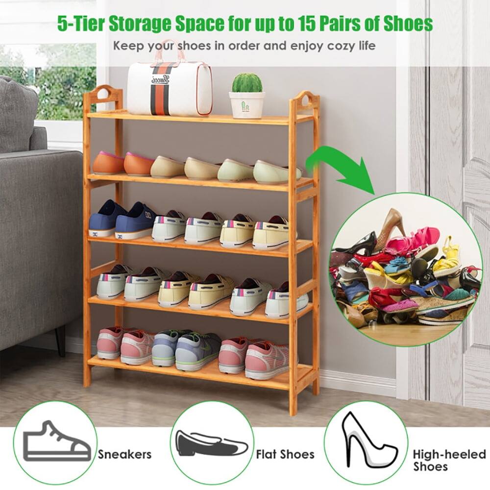 5-Tier Storage Space for up to 15 Pairs of Shoes  
Keep your shoes in order and enjoy cozy life  

- Sneakers  
- Flat Shoes  
- High-heeled Shoes