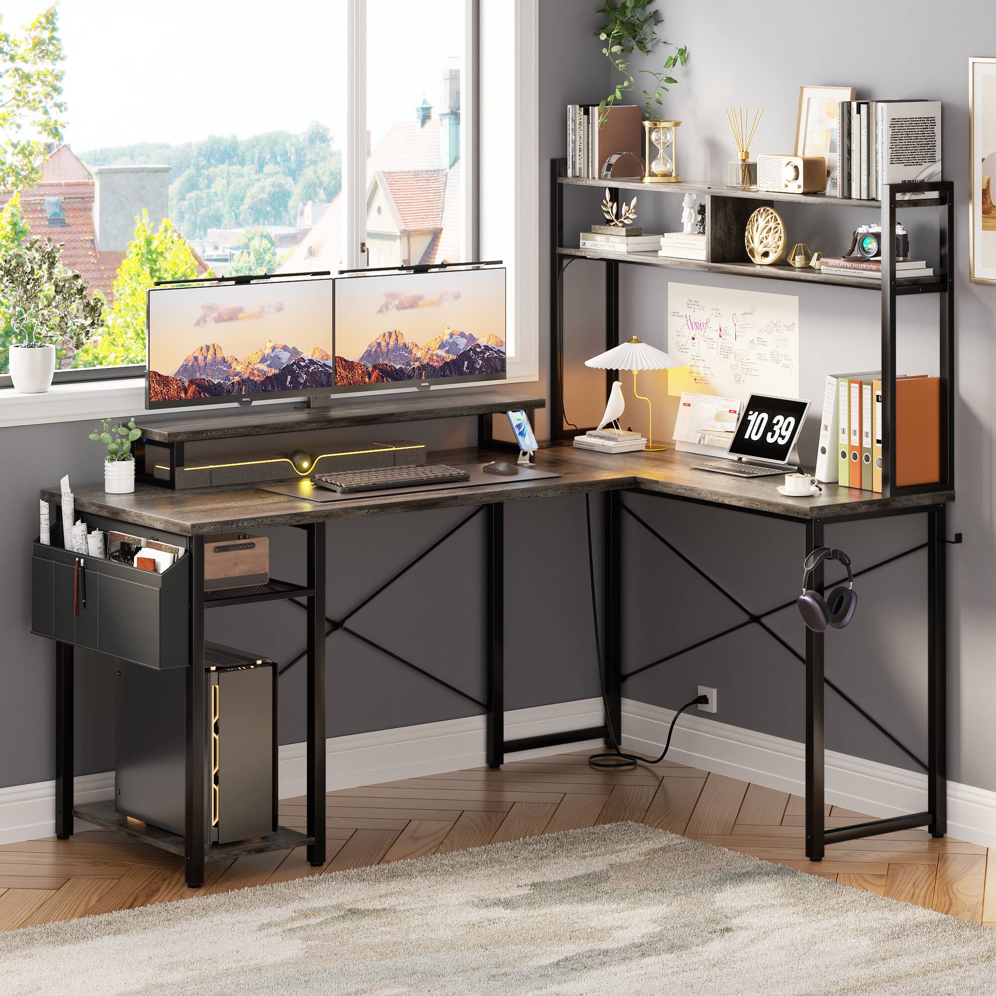 Back. Aheaplus - Small Reversible L-Shaped Gaming Desk: LED Lights, Power Outlets, Monitor Stand & Storage for Home Office Corner - Gray Oak.