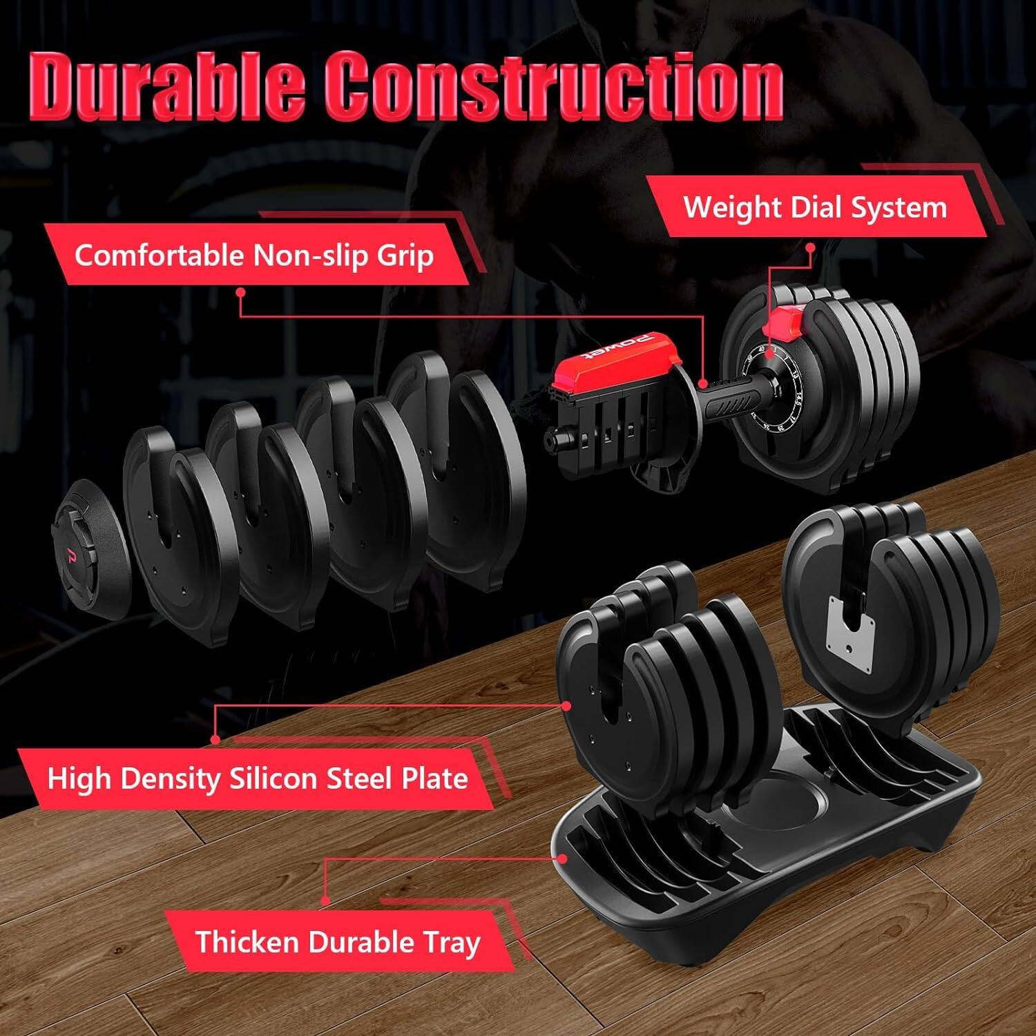 Durable Construction  
Comfortable Non-slip Grip  
Weight Dial System  
High Density Silicon Steel Plate  
Thicken Durable Tray