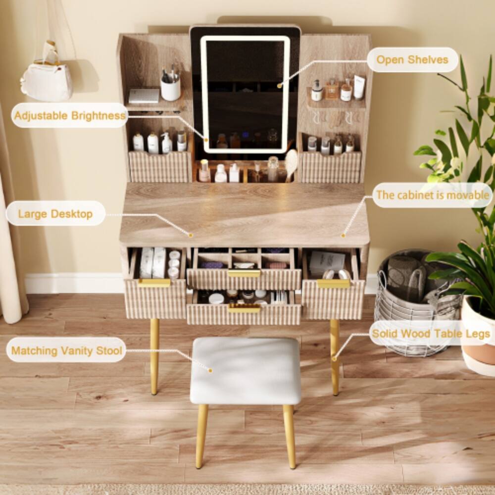 Open Shelves Adjustable Brightness Large Desktop The cabinet is movable Matching Vanity Stool Solid Wood Table Legs