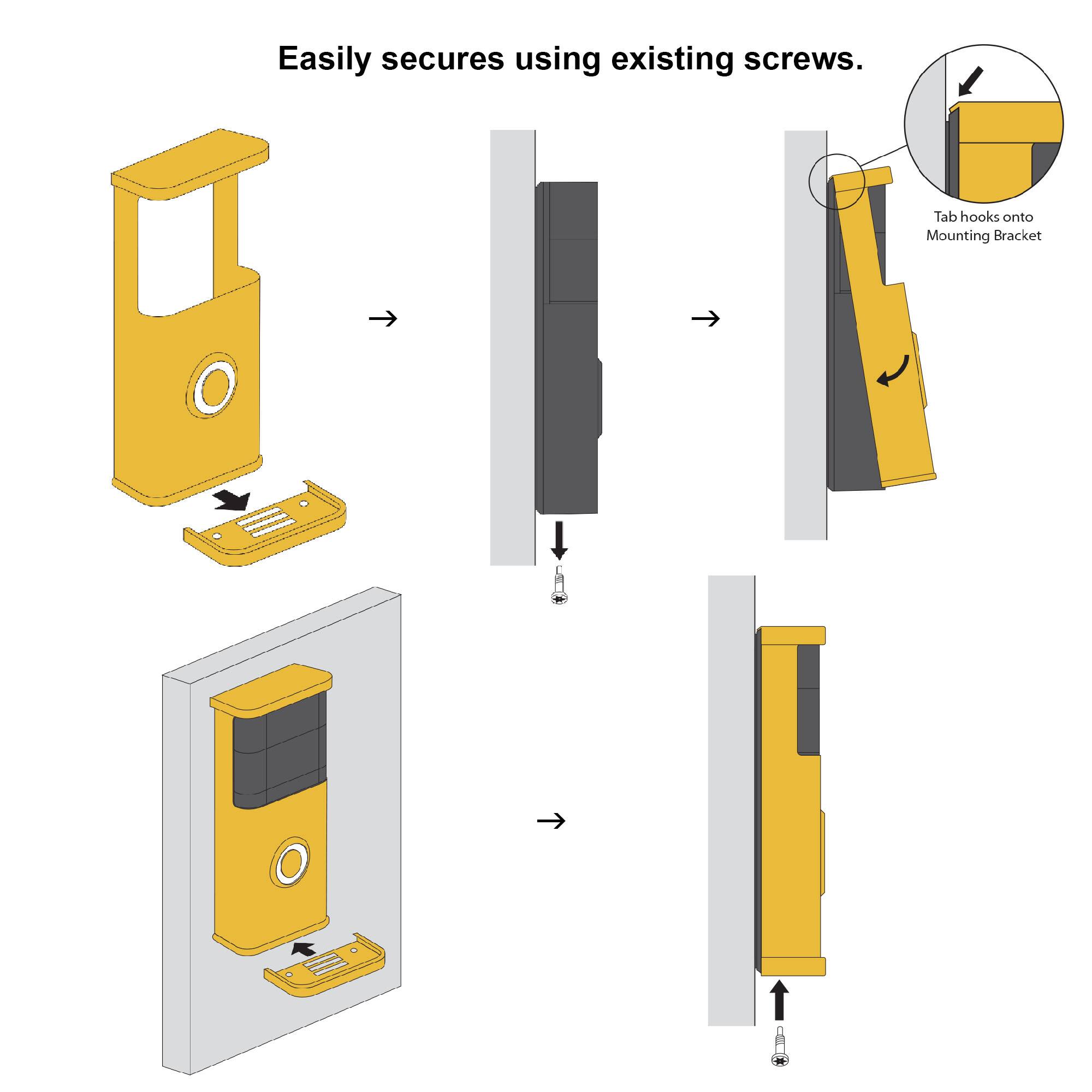 Easily secures using existing screws. Tab hooks onto Mounting Bracket.