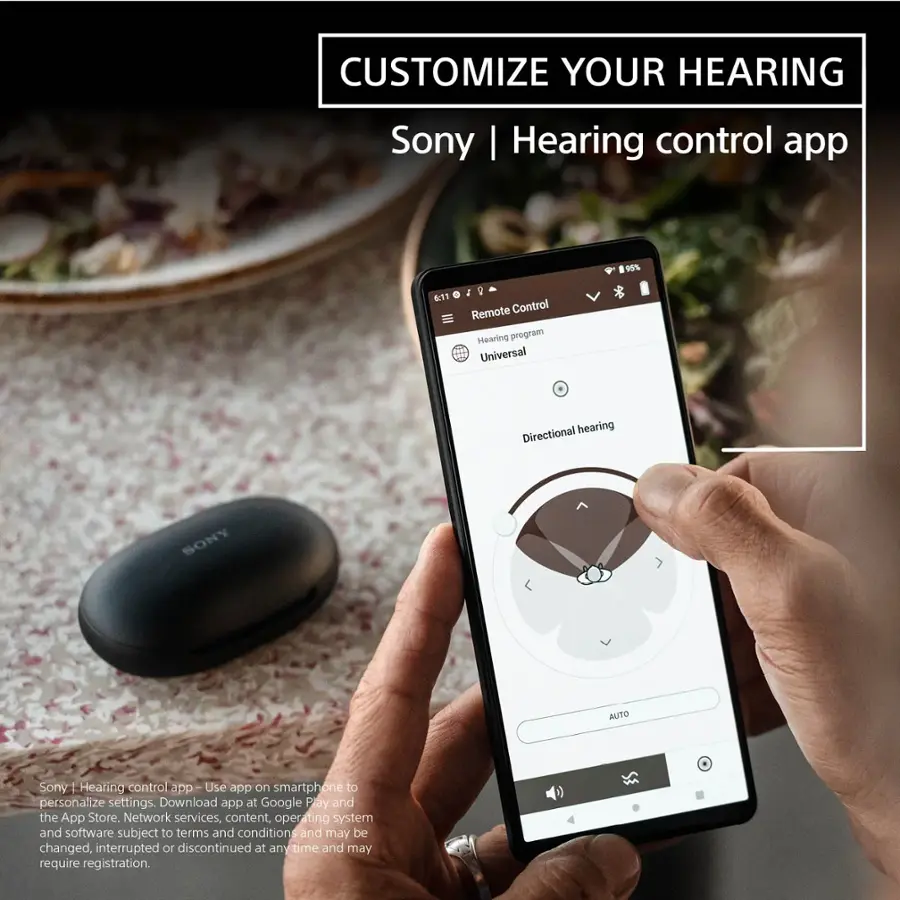Customize Your Hearing with Sony's Hearing Control App:

* Personalize settings with the app on your smartphone
* Download the app from Google Play or the App Store
* Network services, content, operating system, and software are subject to terms and conditions and may be changed, interrupted, or discontinued at any time and may require registration.
