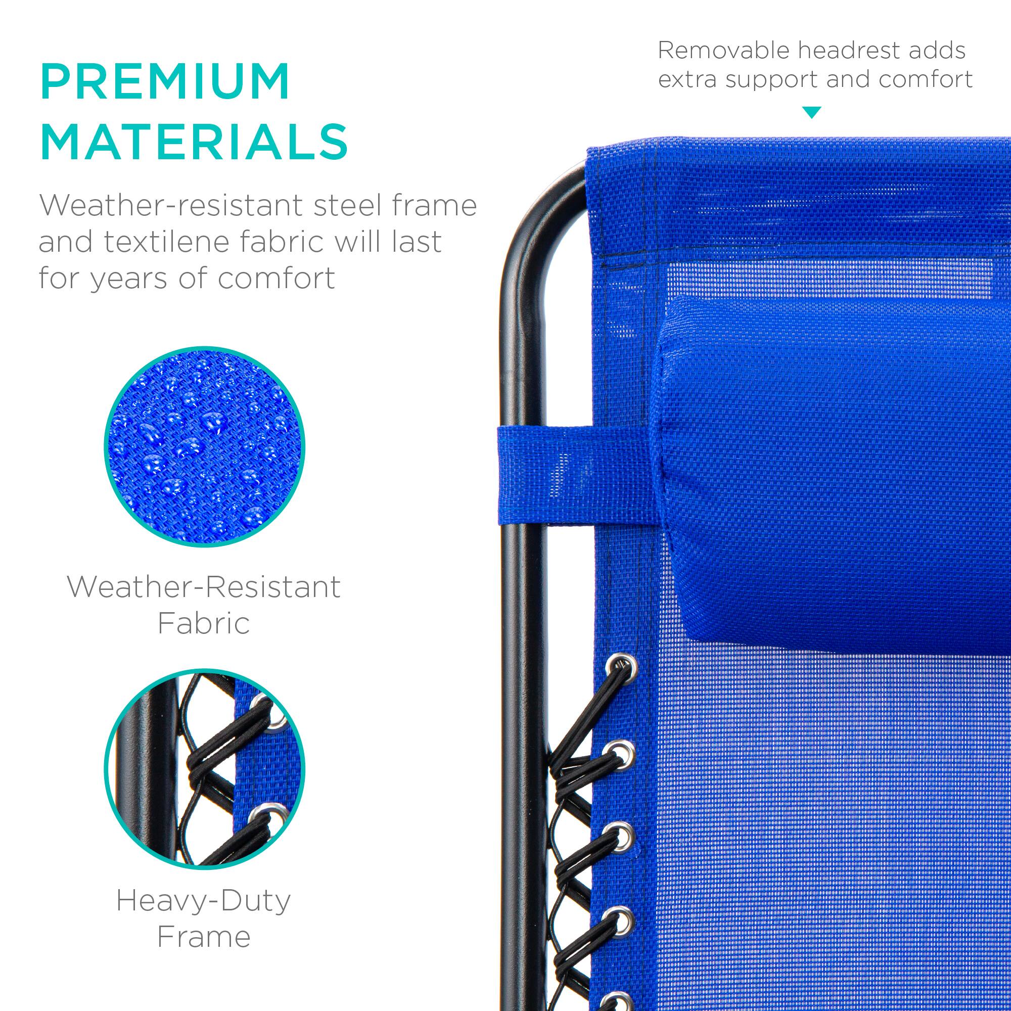 PREMIUM MATERIALS

- Removable headrest adds extra support and comfort
- Weather-resistant steel frame and textilene fabric will last for years of comfort
- Weather-Resistant Fabric
- Heavy-Duty Frame