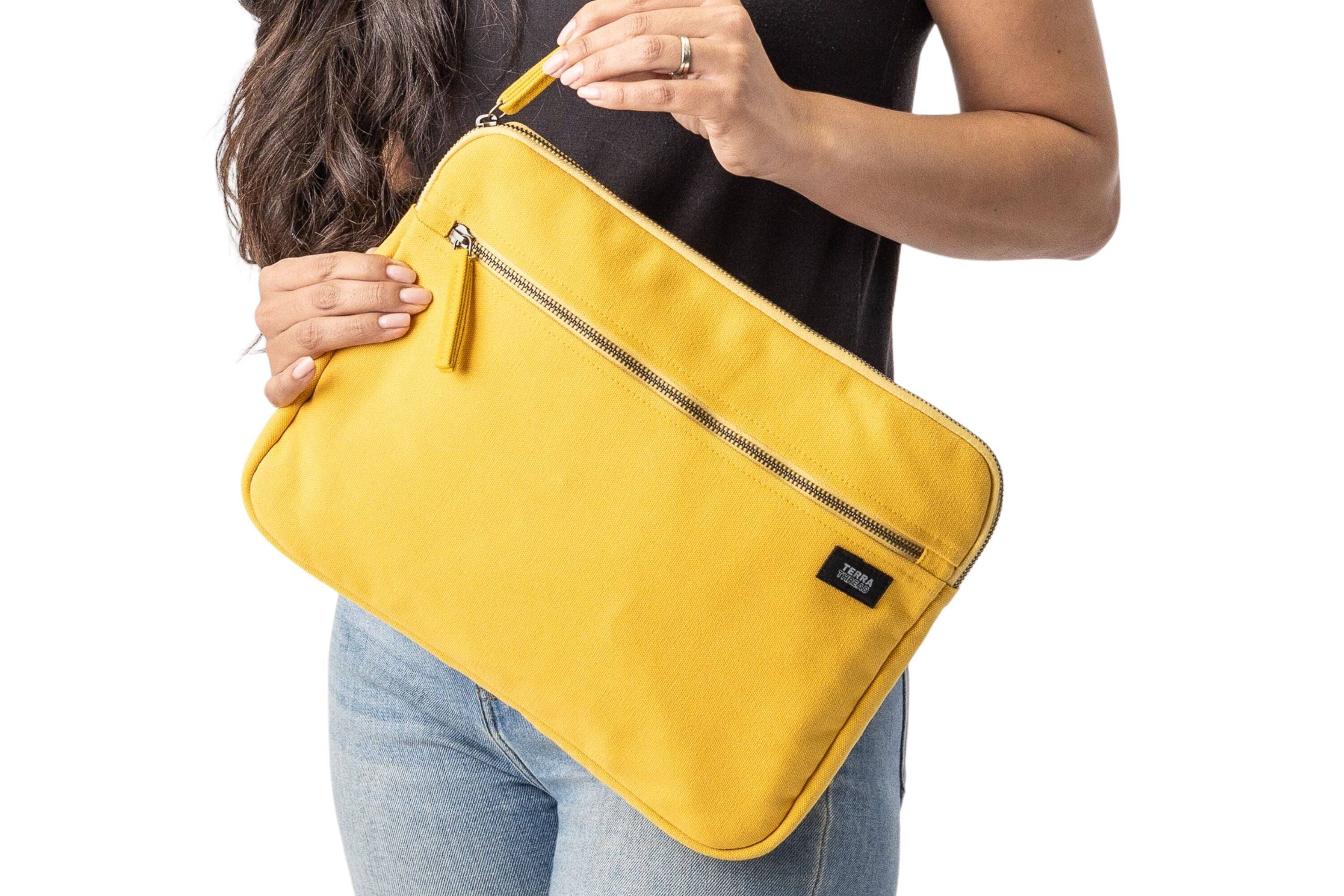 Alt View 2. Terra Thread - Organic Cotton Laptop Sleeve 13 inches - Mustard Yellow.