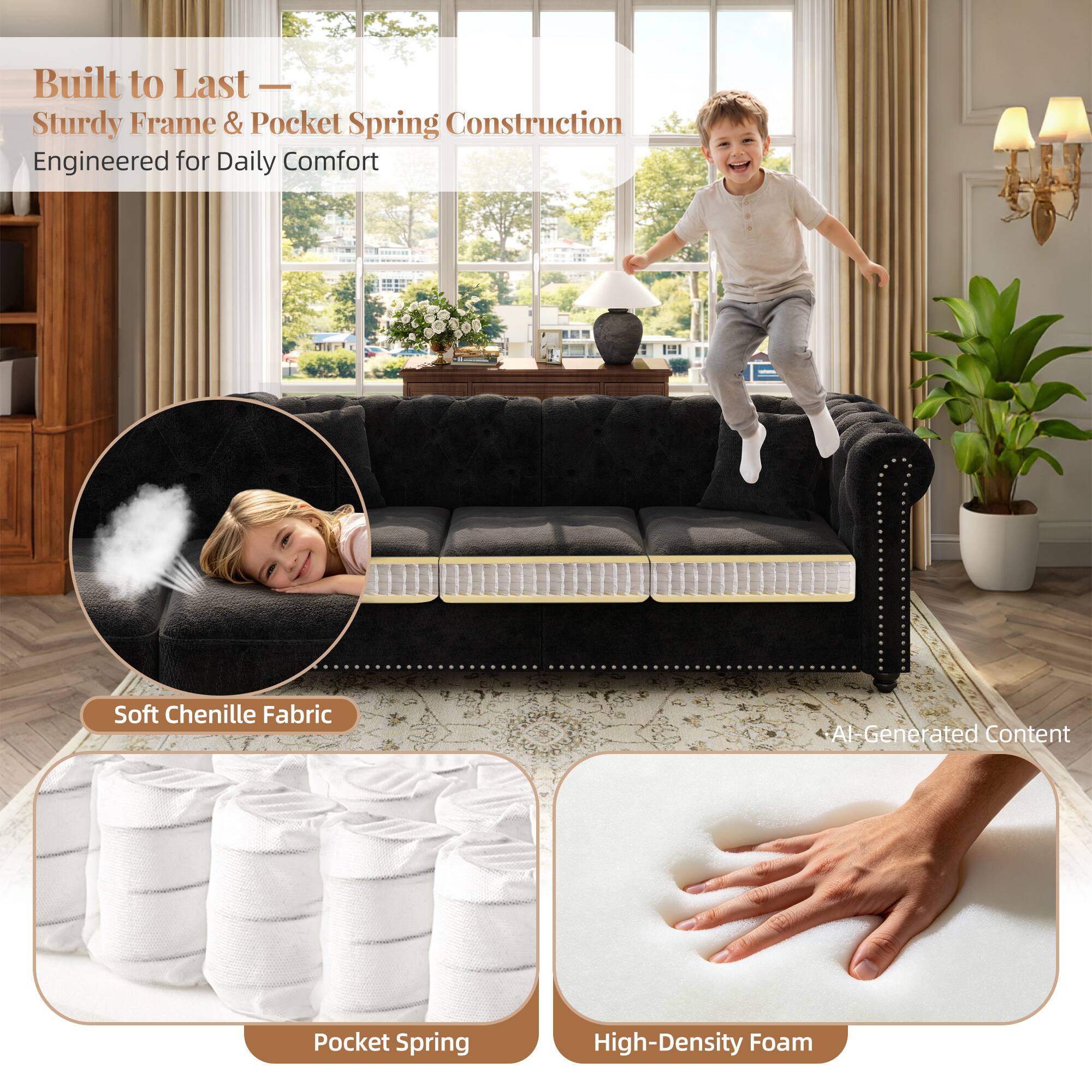 Built to Last - Sturdy Frame & Pocket Spring Construction  
Engineered for Daily Comfort

Soft Chenille Fabric

Pocket Spring

High-Density Foam