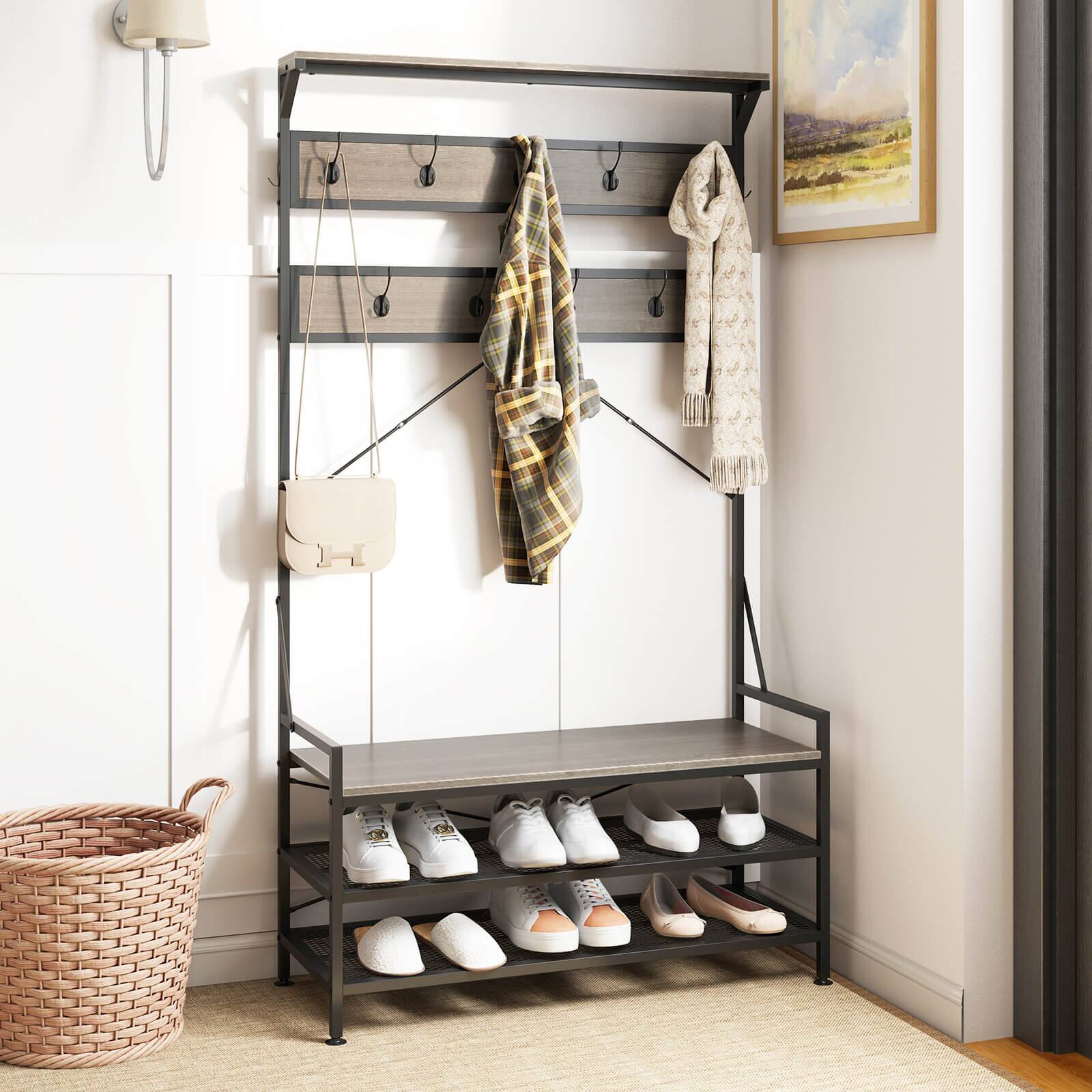 Alt View 3. Costway - Costway Coat Rack 4-In-1 Hall Tree with 11 Hanging Hooks, Shoe Bench, 2-Tier Shoe Rack - Gray,Black.