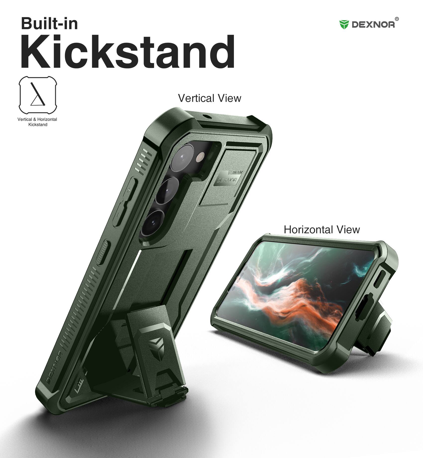 Built-in Kickstand, Vertical View, Vertical & Horizontal Kickstand, DEXNOR, Horizontal View