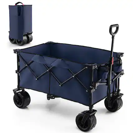 Front. SKONYON - Collapsible Utility Wagon with Adjustable Handle Heavy Duty Steel Frame and Large Load Space - Blue.