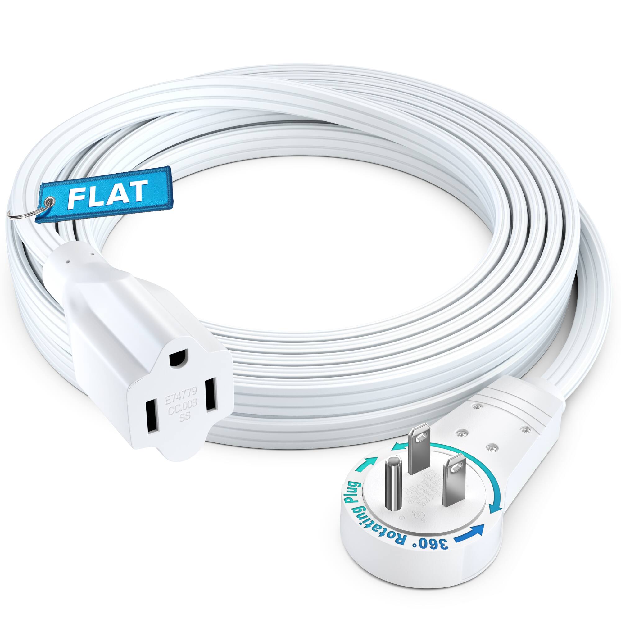 Maximm - 360° Rotating Flat Plug Extension Cord 10 feet Flat Cord Under Carpet with Slim Space-Saving Plug Design - White