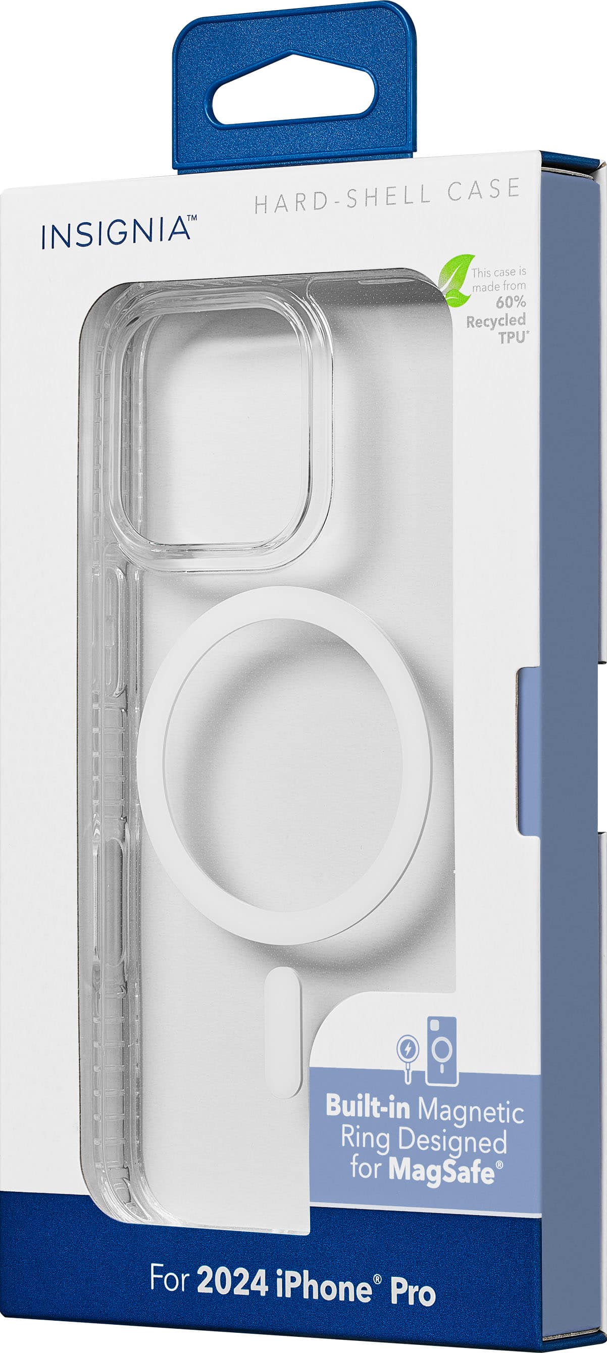 The text on the image reads: "HARD-SHELL CASE HARD TM INSIGNIA This case is made from 60% Recycled TPU* Built-in Magnetic Ring Designed for MagSafe For 2024 iPhone Pro."