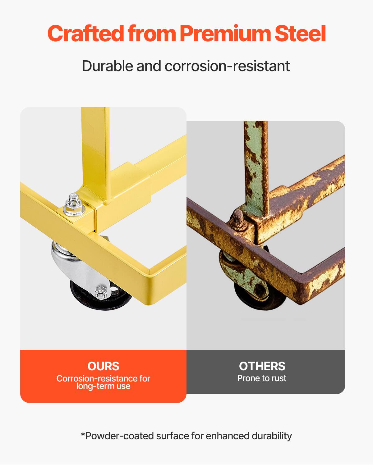 Crafted from Premium Steel  
Durable and corrosion-resistant  

OURS  
Corrosion-resistance for long-term use  

OTHERS  
Prone to rust  

*Powder-coated surface for enhanced durability