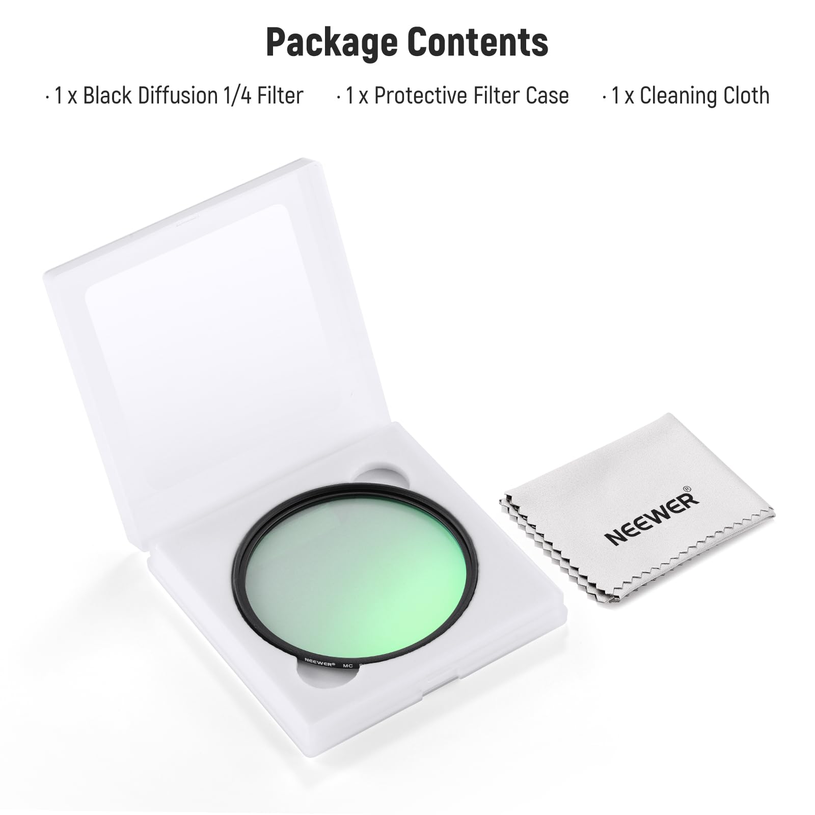 Package Contents

- 1 x Black Diffusion 1/4 Filter
- 1 x Protective Filter Case
- 1 x Cleaning Cloth