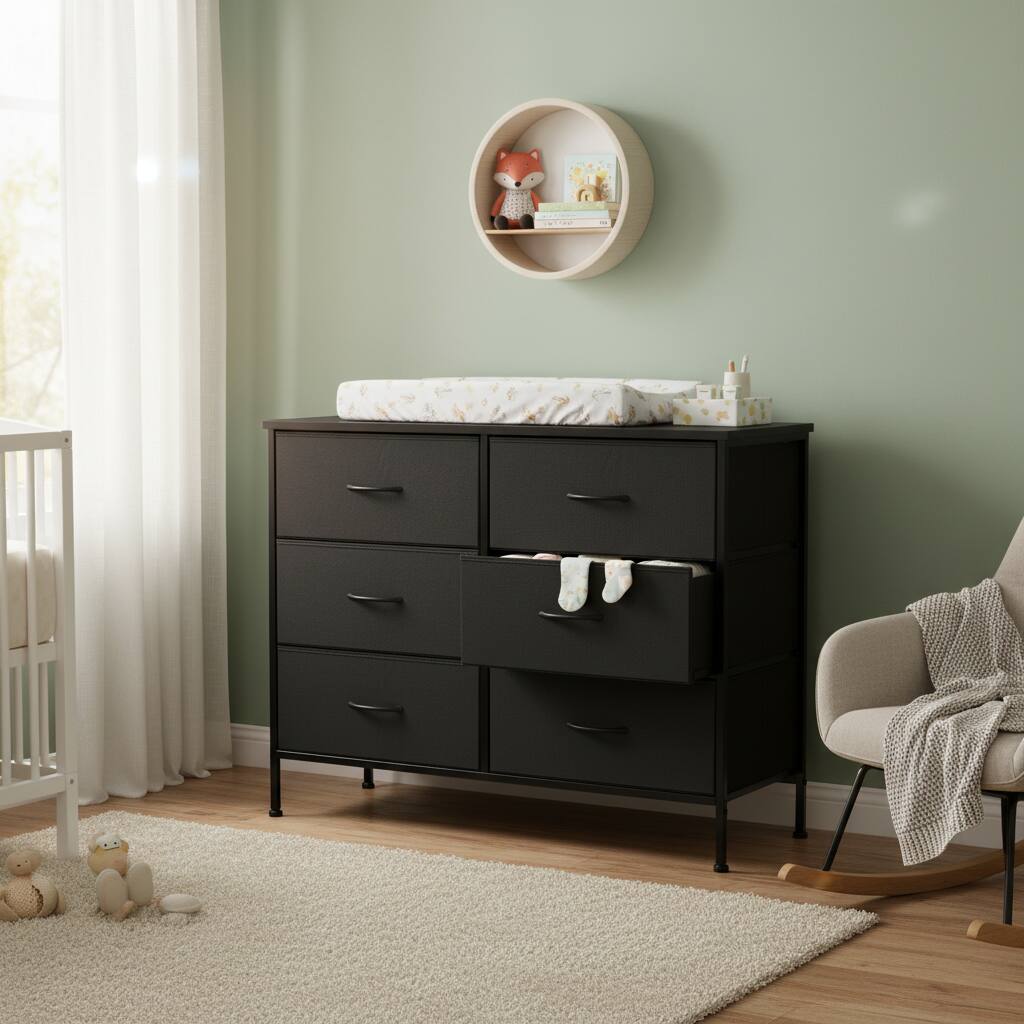 Angle. AOITUN - 6 Drawer Dresser for Bedroom, Wide TV Stand for 50 Inch TV, Fabric Storage Chest with Wood Top, Metal Frame, Black - Black.