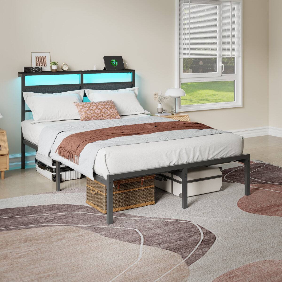 Alt View 3. Furnulem - Black Bed Frame with LED Light and Charging Station Metal Frame with Upholstered Headboard Large Storage Space - Black.