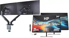 HP - Series 7 Pro 724pu 24" WUXGA IPS Monitor, Anti-Glare, HDMI (8Y2F7AA#ABA) 2 Pack w/DKZ Hub & Ergoflexy Dual Mount Arms - Black/Silver