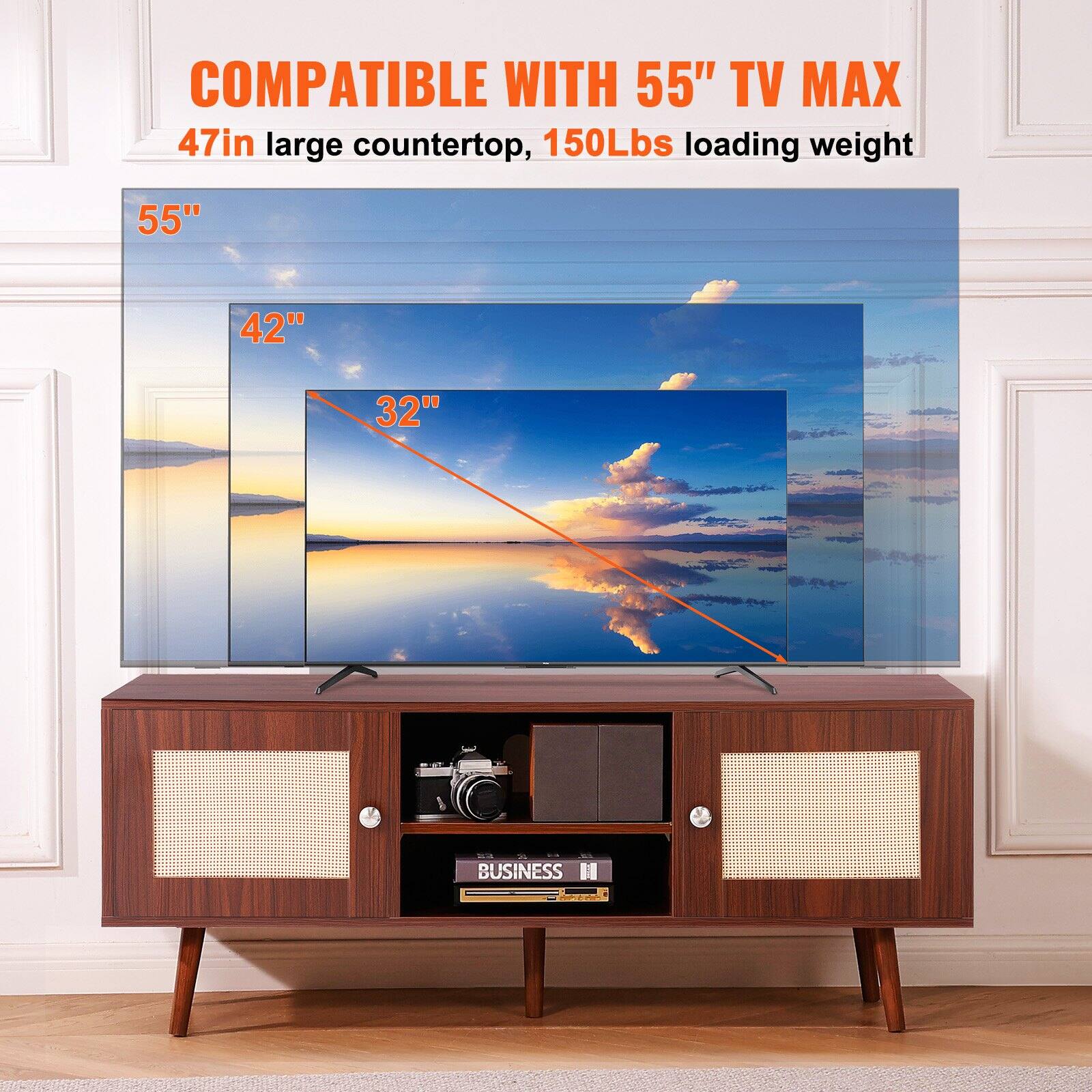 COMPATIBLE WITH 55" TV MAX  
47in large countertop, 150Lbs loading weight  

55"  
42"  
32"
