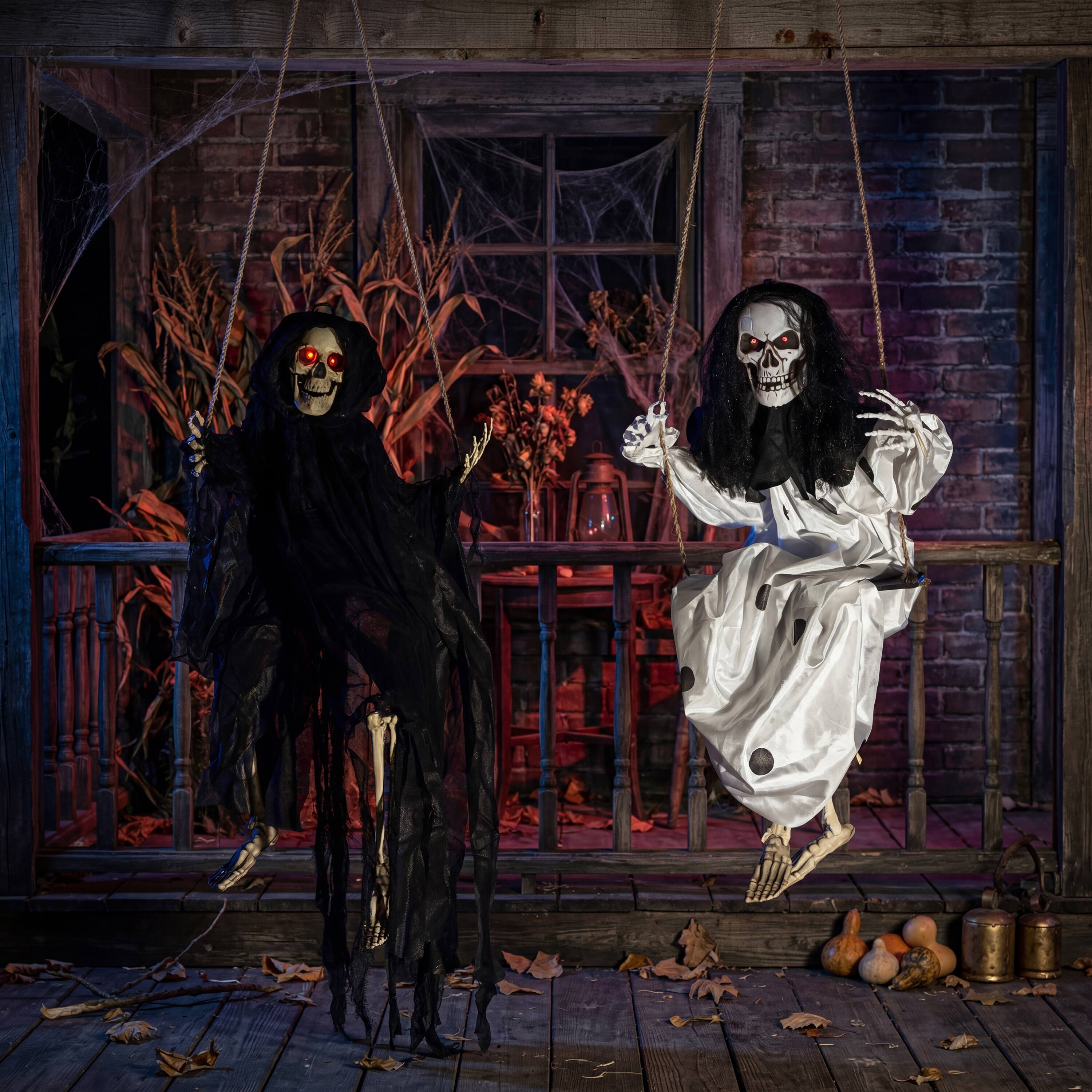 Alt View 3. Joyfy - 2 Pack 36" Swinging Skeleton Halloween Decoration – Hanging Floating Skeleton Prop with Robe for Yard, Lawn & Party - Black, White.