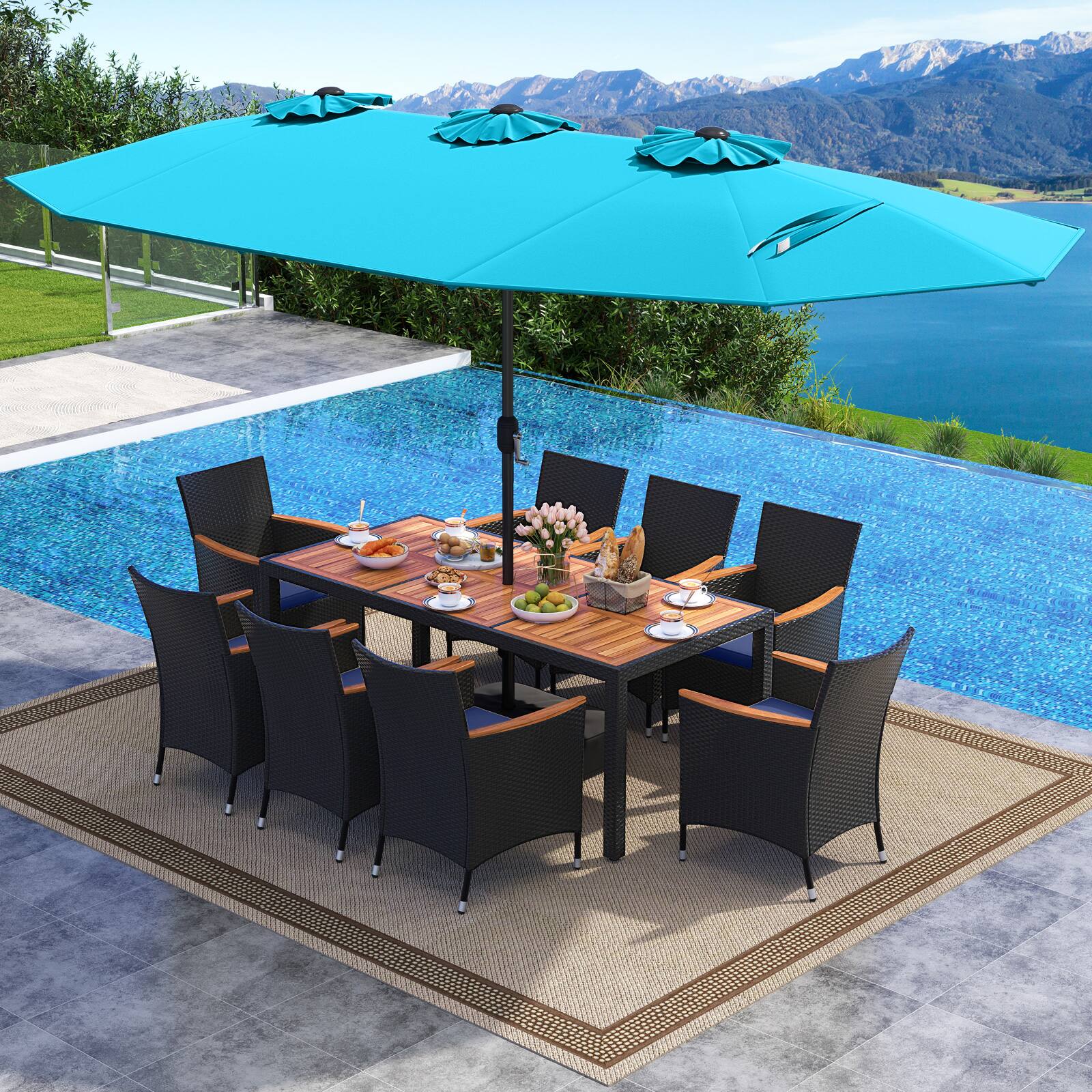 Alt View 3. Costway - Costway 11 PCS Patio Wicker Dining Set with Double-Sided Outdoor Umbrella 8 Stackable Chairs - Turquoise+Navy.