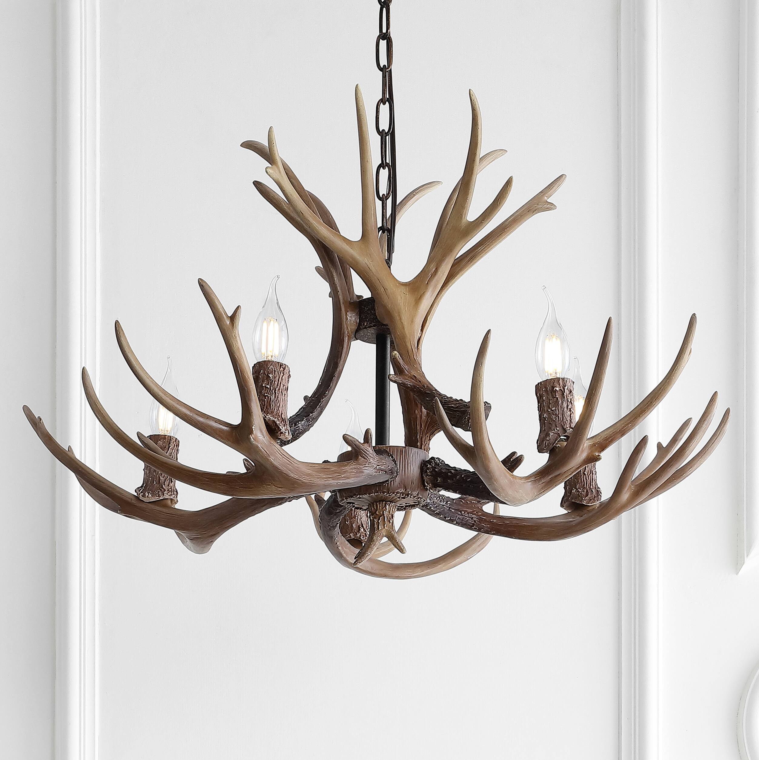 Alt View 1. Jonathan Y - Eldora 30" 5-Light Rustic Farmhouse Adjustable Resin Antler LED Chandelier, Brown - Brown.