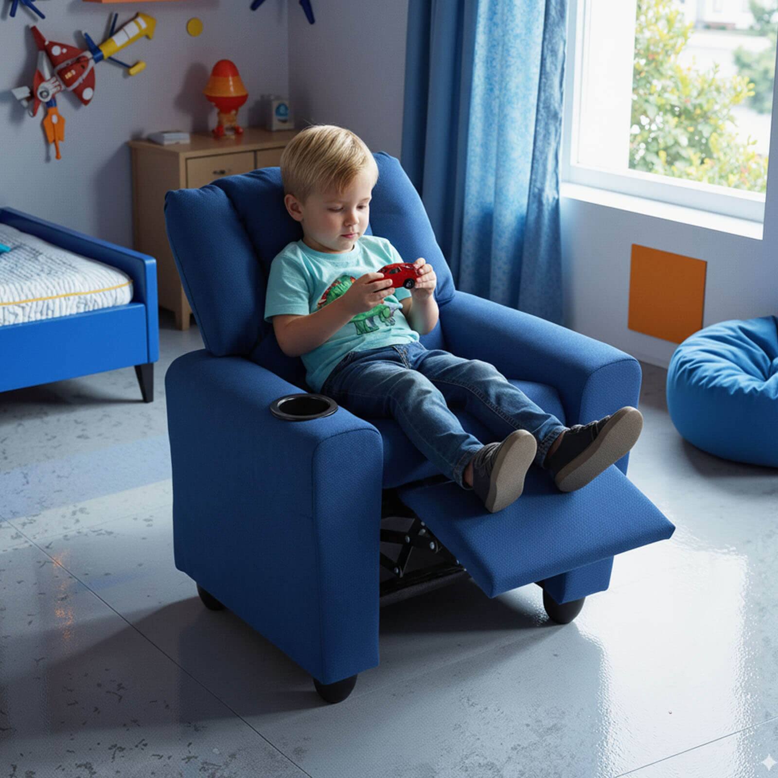 Alt View 4. Costway - Costway Kids Recliner with Cup ackrest & Footrest for Boys & GirlsHolder with Adjustable - Blue.