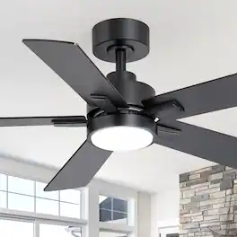 Breezary - 42-Inch Ceiling Fan with LED Light, 5 MDF Blades, DC Motor, 6-Speed Remote, 1/4h Timer, Tri-Color Dimmable, Acrylic Shad - Matte Black