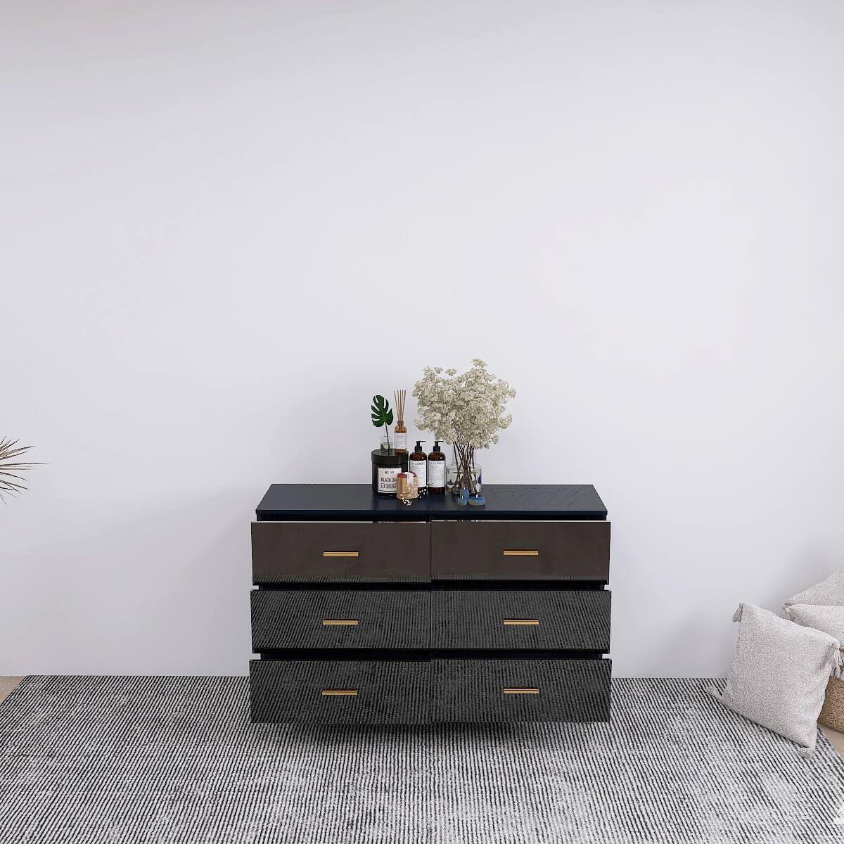 Alt View 5. APRILSOUL - High Glossy Surface 6 Drawers Chest of Drawer with Golden Handle and Golden Steel Legs Black Color Vanity - Black.
