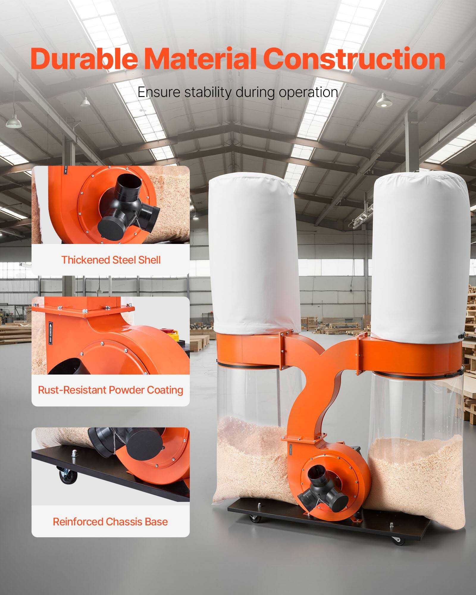 Durable Material Construction  
Ensure stability during operation

- Thickened Steel Shell
- Rust-Resistant Powder Coating
- Reinforced Chassis Base