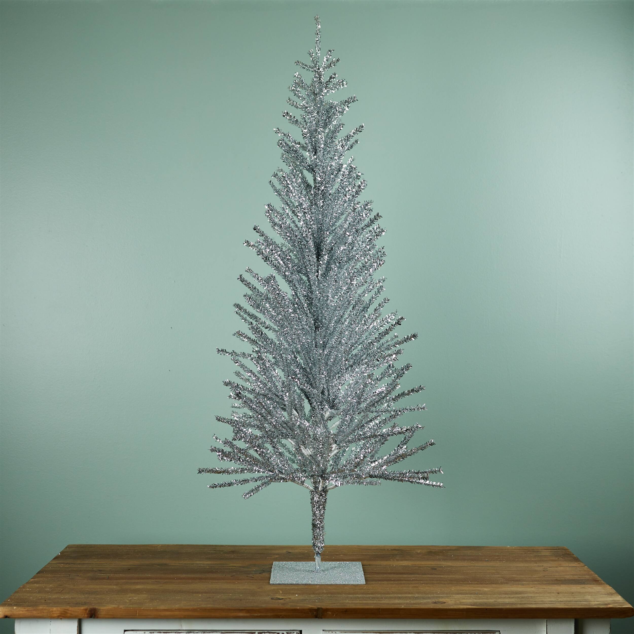 Angle. BreeBe - Tinsel Pine Tree 48"H - Silver.