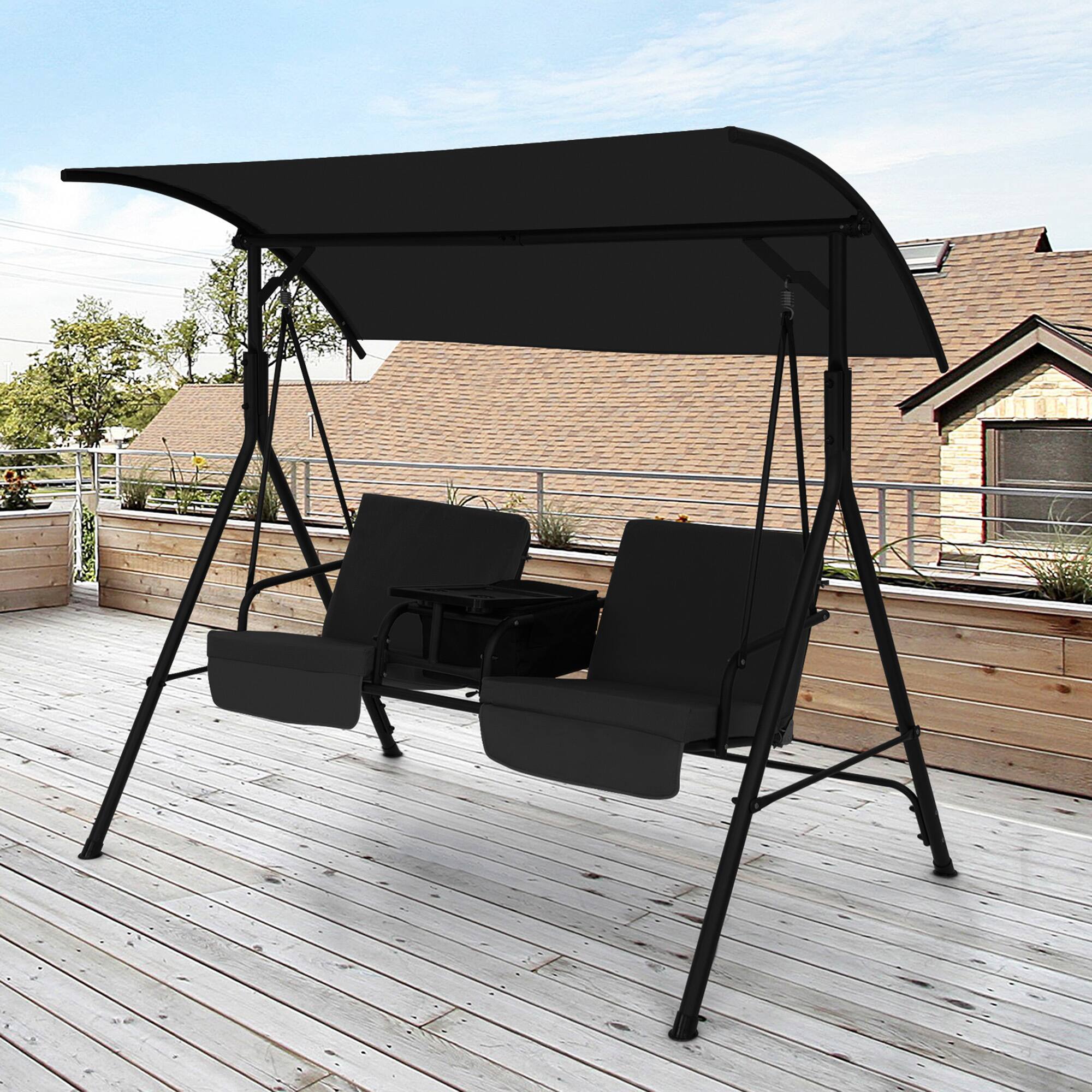 Alt View 8. Gymax - Gymax 2-Person Canopy Porch Swing Padded Chair Cooler Bag Rotatable Tray Black - Black.