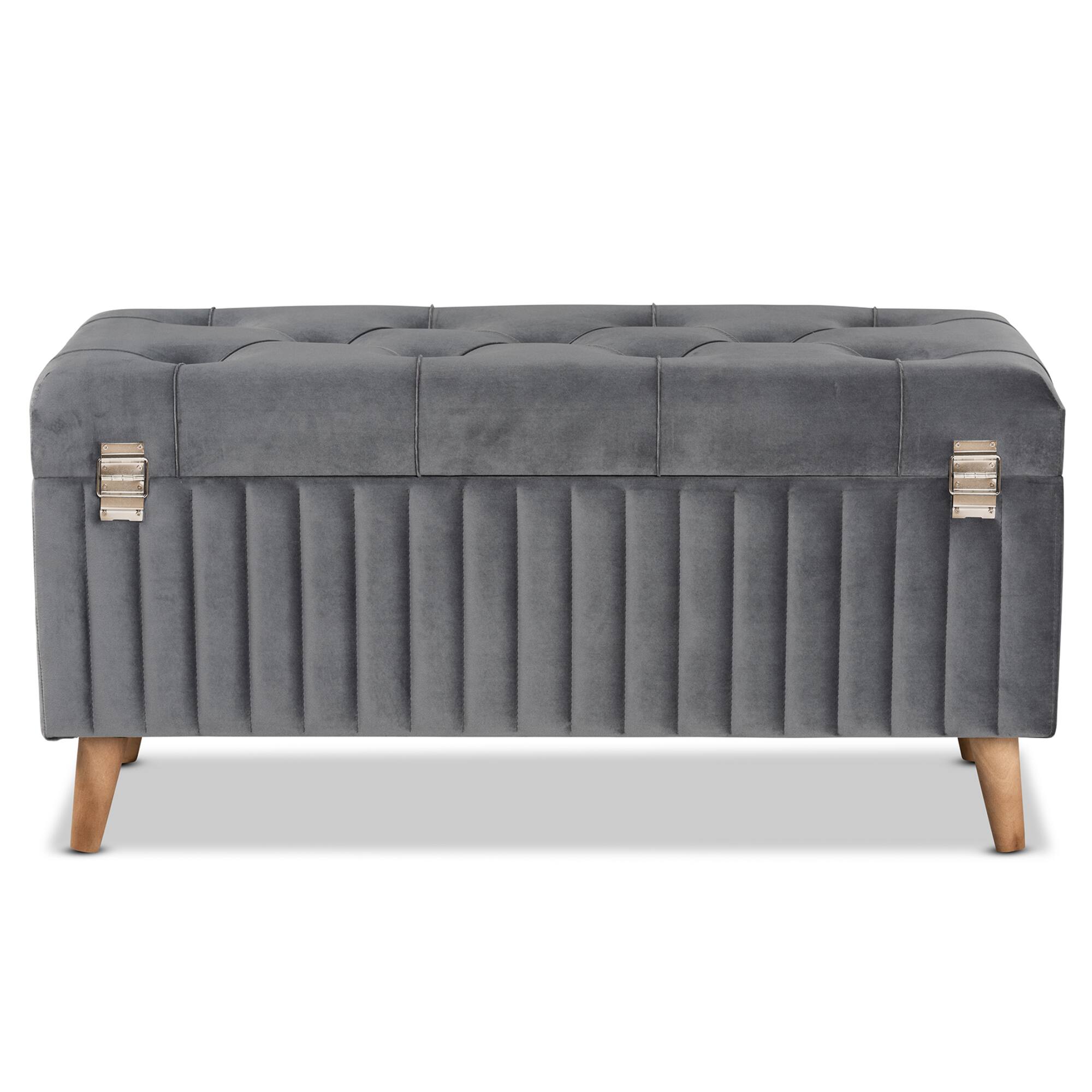 Alt View 1. Baxton Studio - Hanley Modern and Contemporary Velvet Fabric Upholstered and Walnut Brown Finished Wood Storage Ottoman - Grey/Walnut Brown.