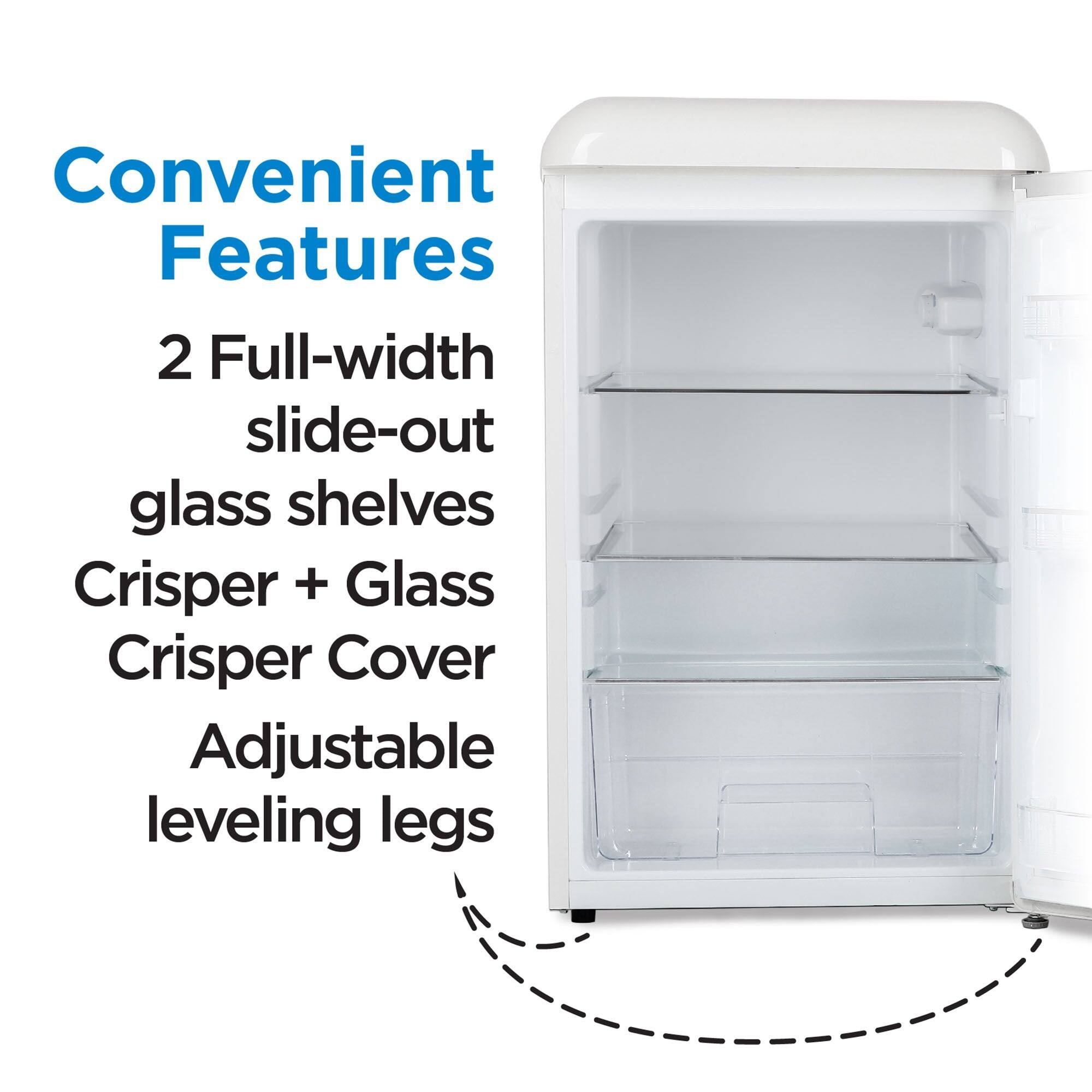 Convenient Features:
2 Full-width slide-out glass shelves
Crisper + Glass Crisper Cover
Adjustable leveling legs