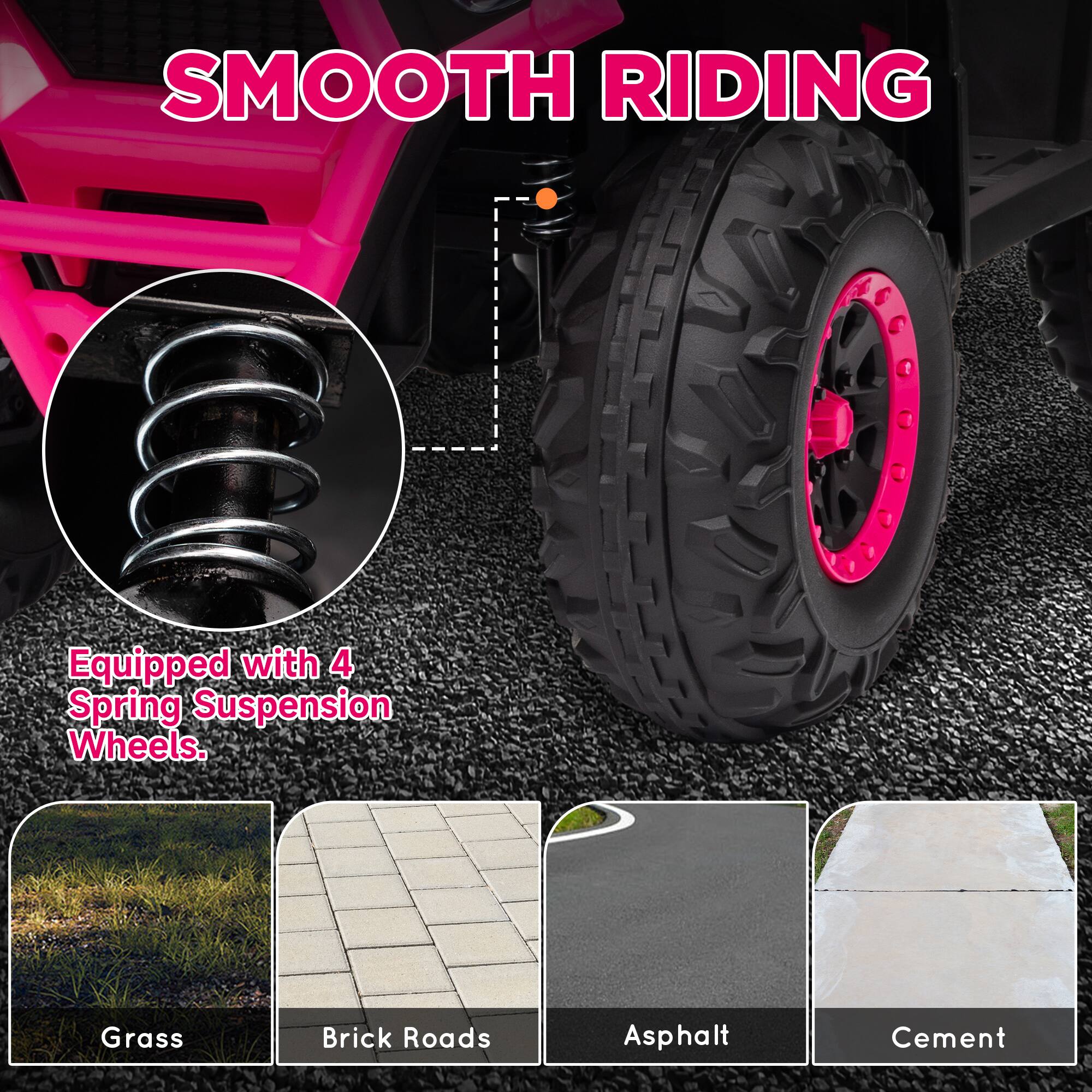 SMOOTH RIDING

Equipped with 4 Spring Suspension Wheels.

Grass  
Brick Roads  
Asphalt  
Cement
