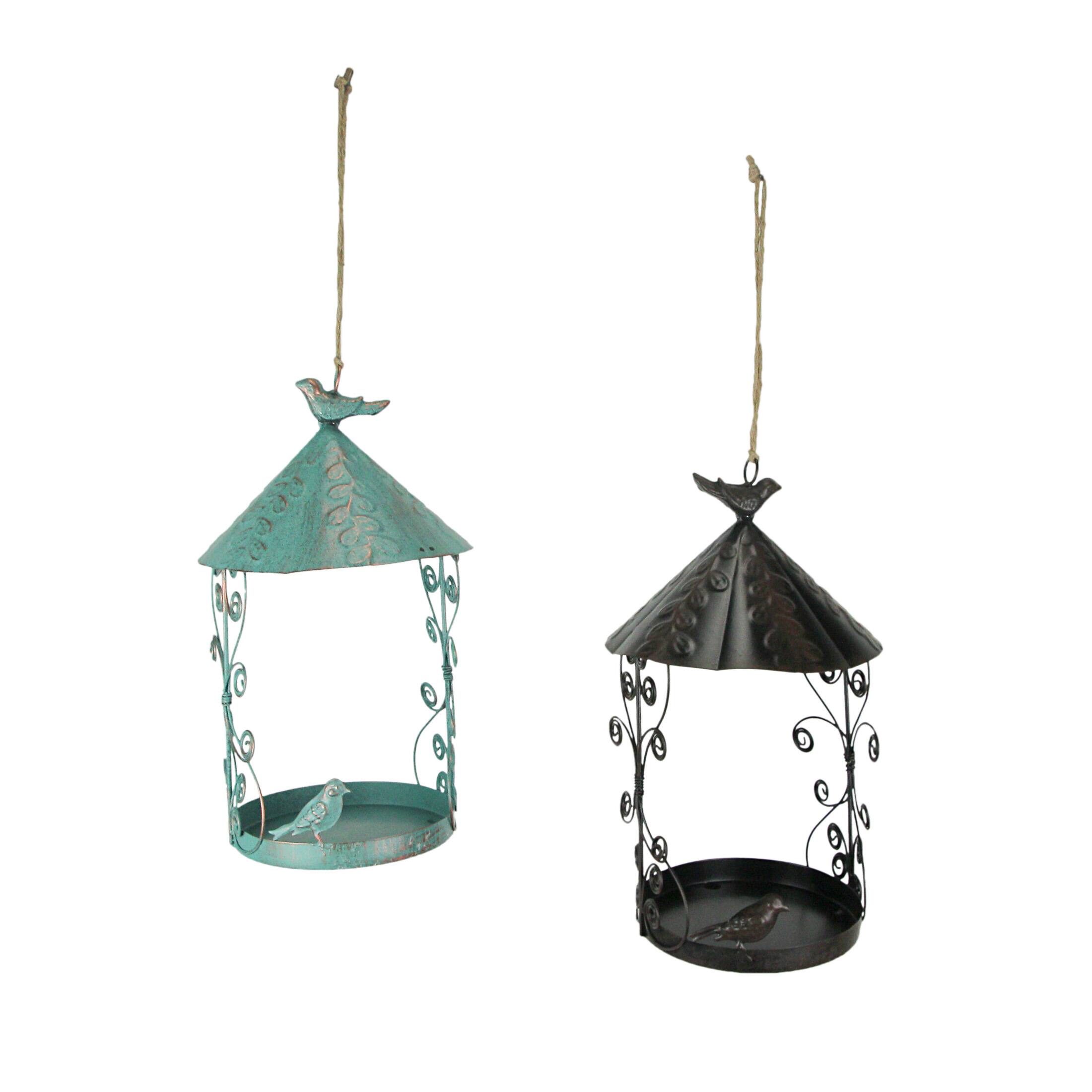 Front. Special T Imports - Rust Teal Metal Hanging Bird Feeder Outdoor Decorative Garden Seed Tray Set of 2 - Multicolored.